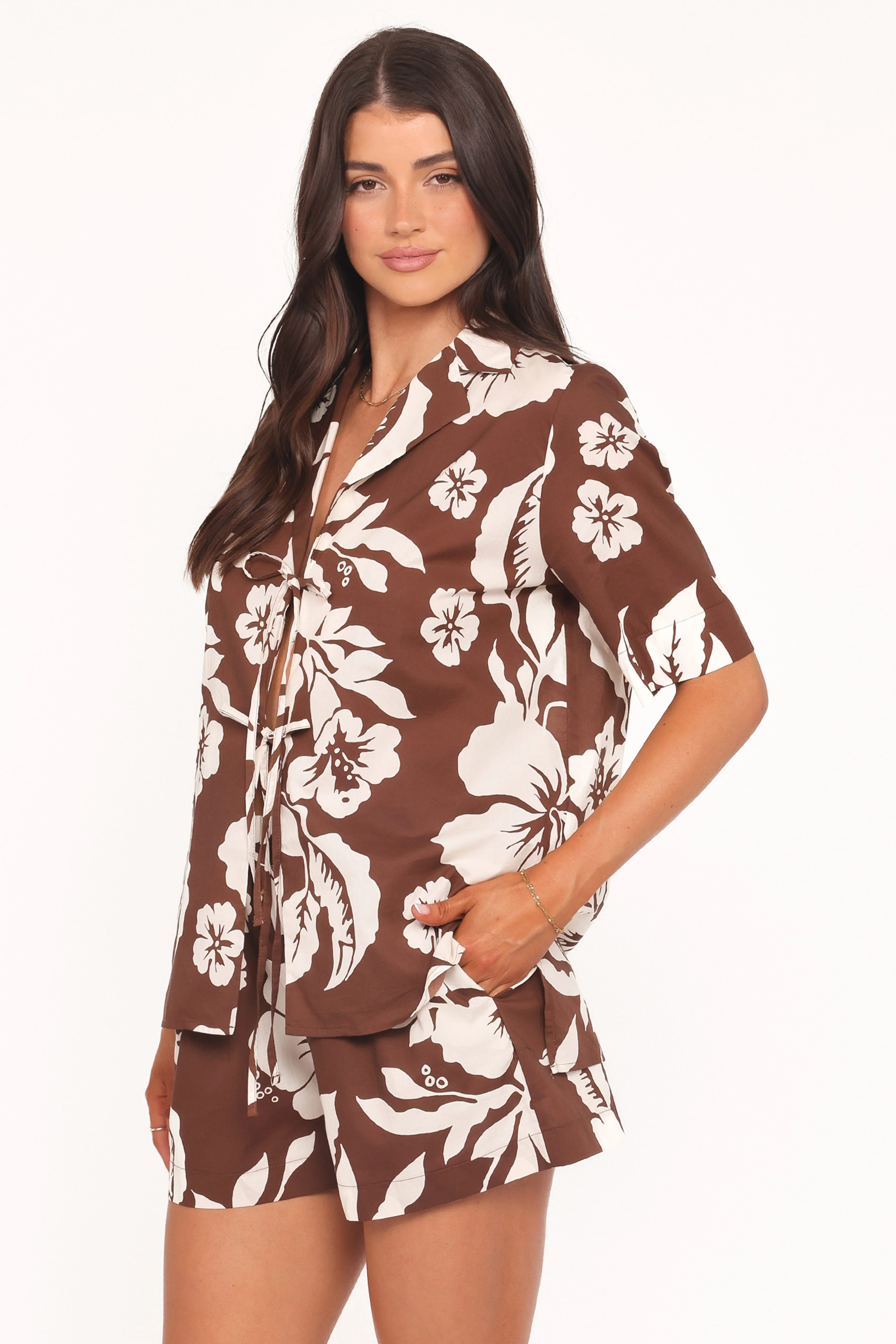 Aaliyah Cotton Tie Front Top - Brown Hibiscus - Image 3