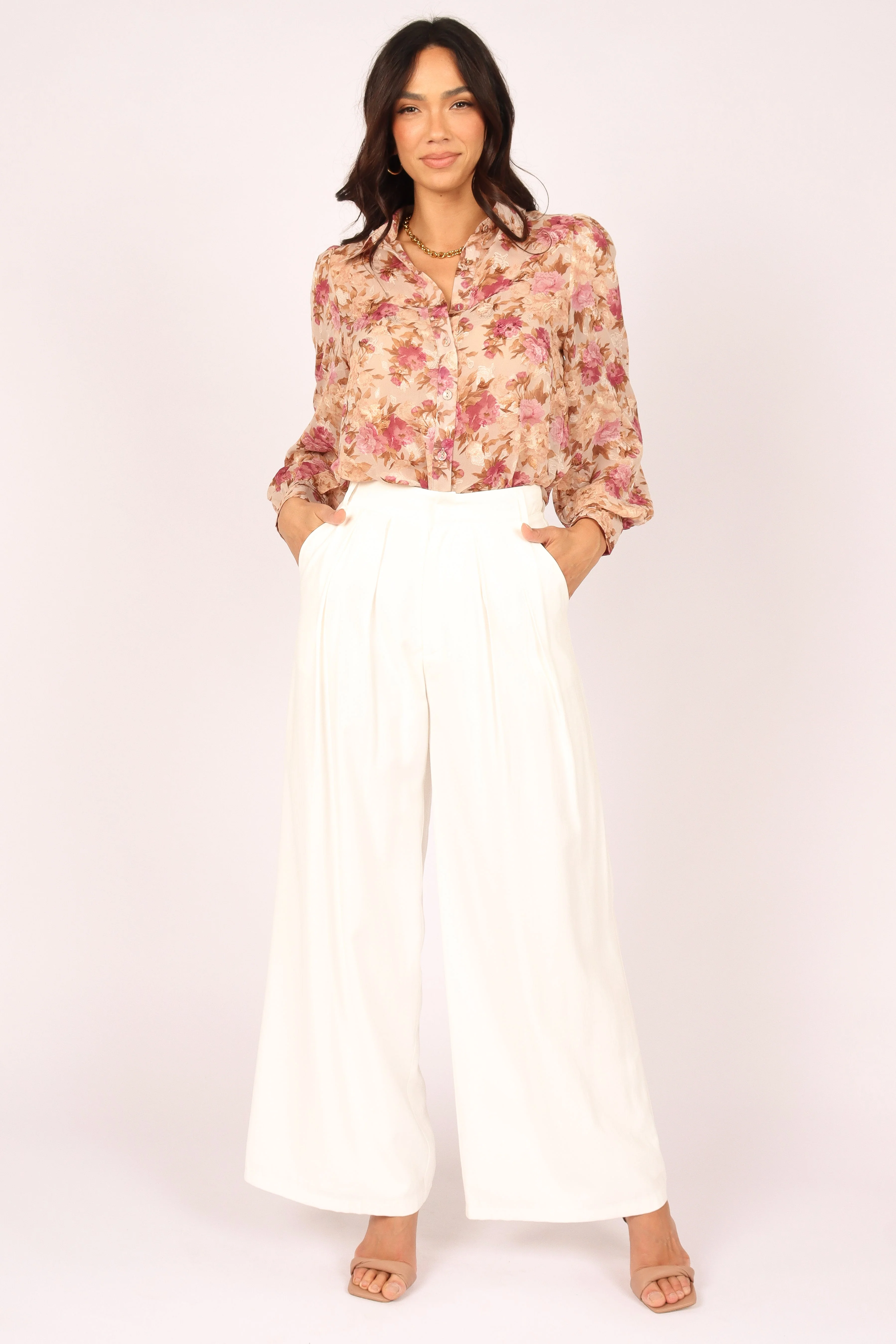 Abbey Floral Button Front Top - Beige - Image 5