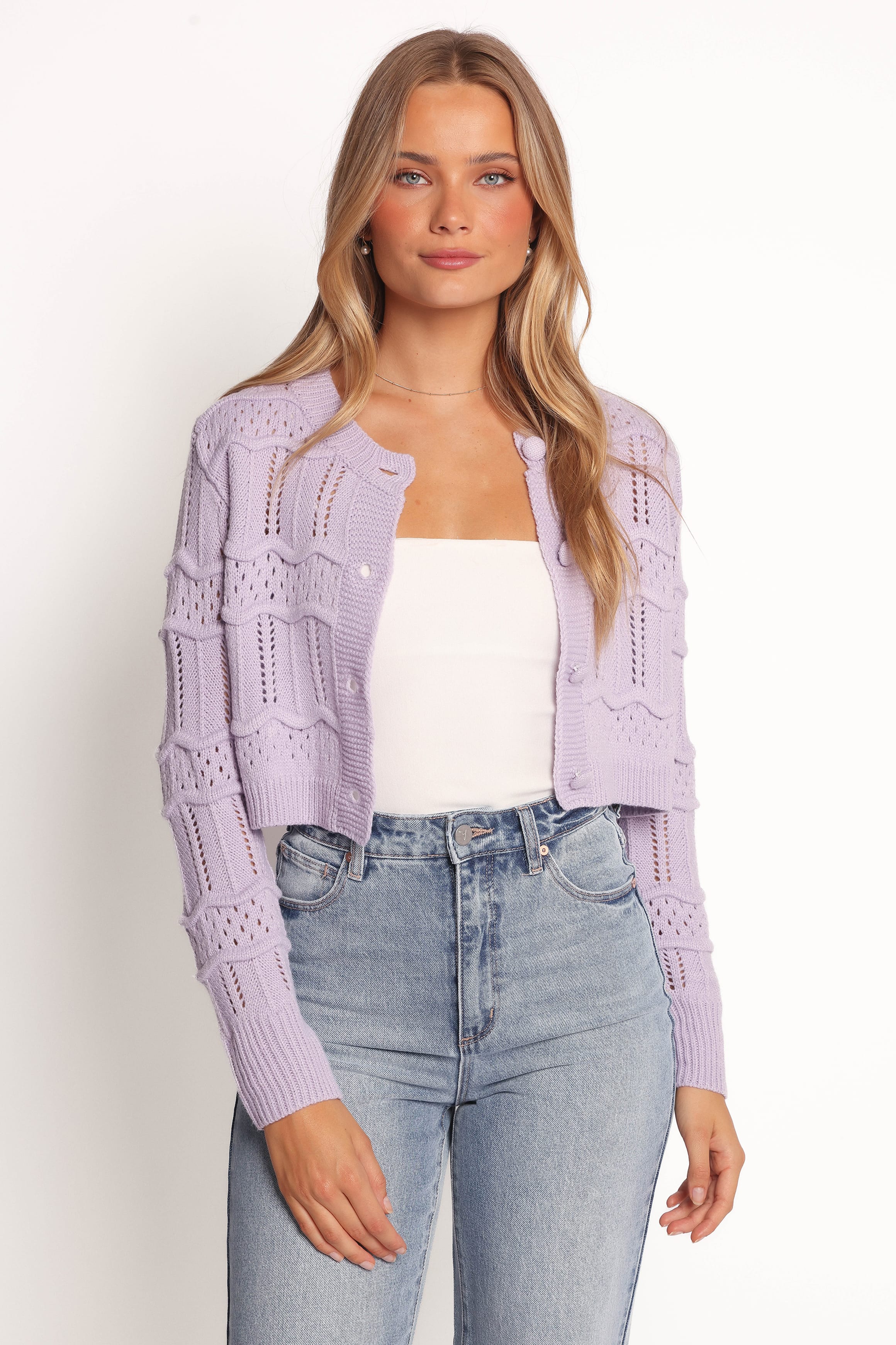 Aidy Crop Button Front Cardigan - Lilac - Image 2
