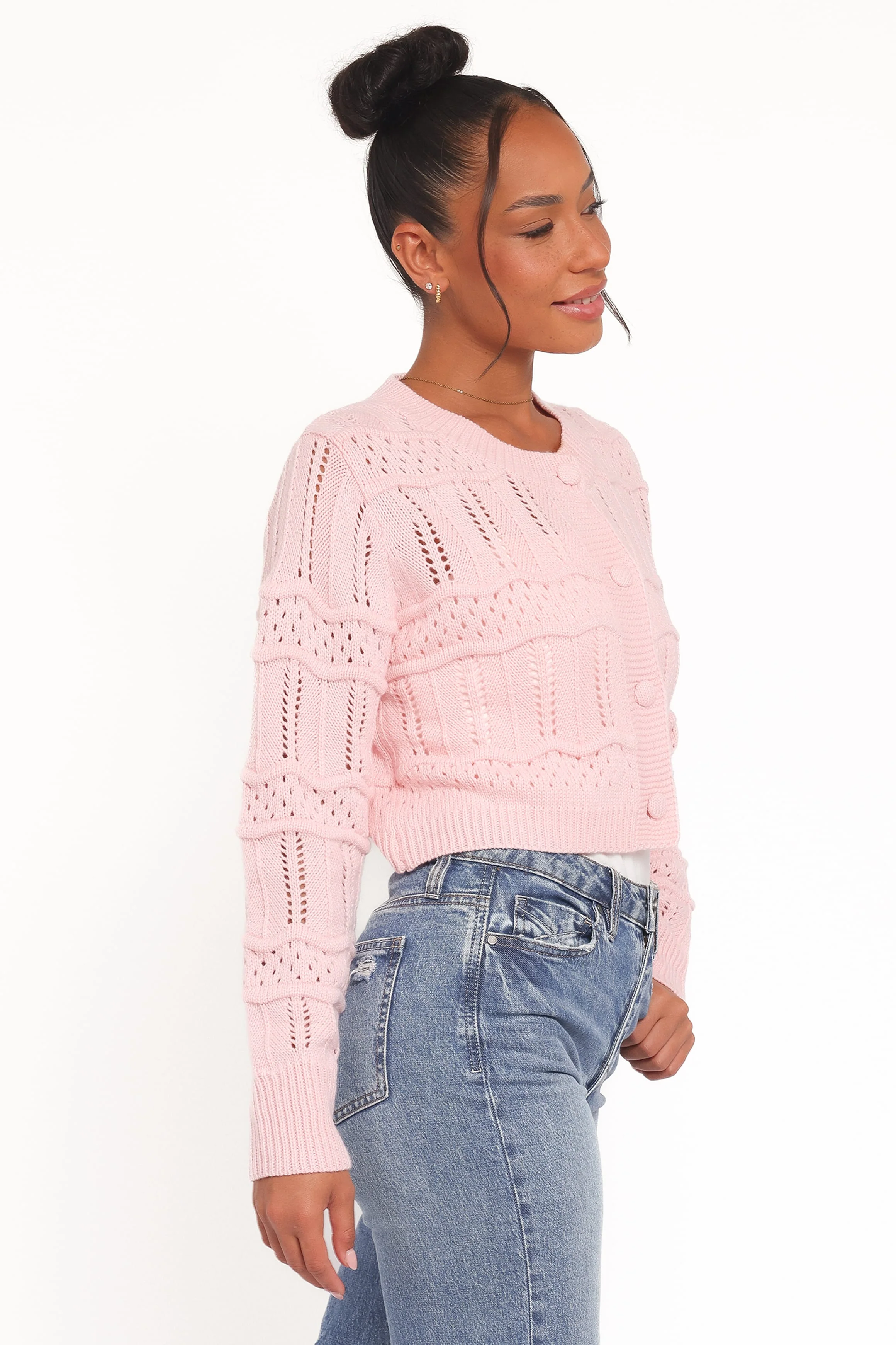 Aidy Crop Button Front Cardigan - Pink - Image 3