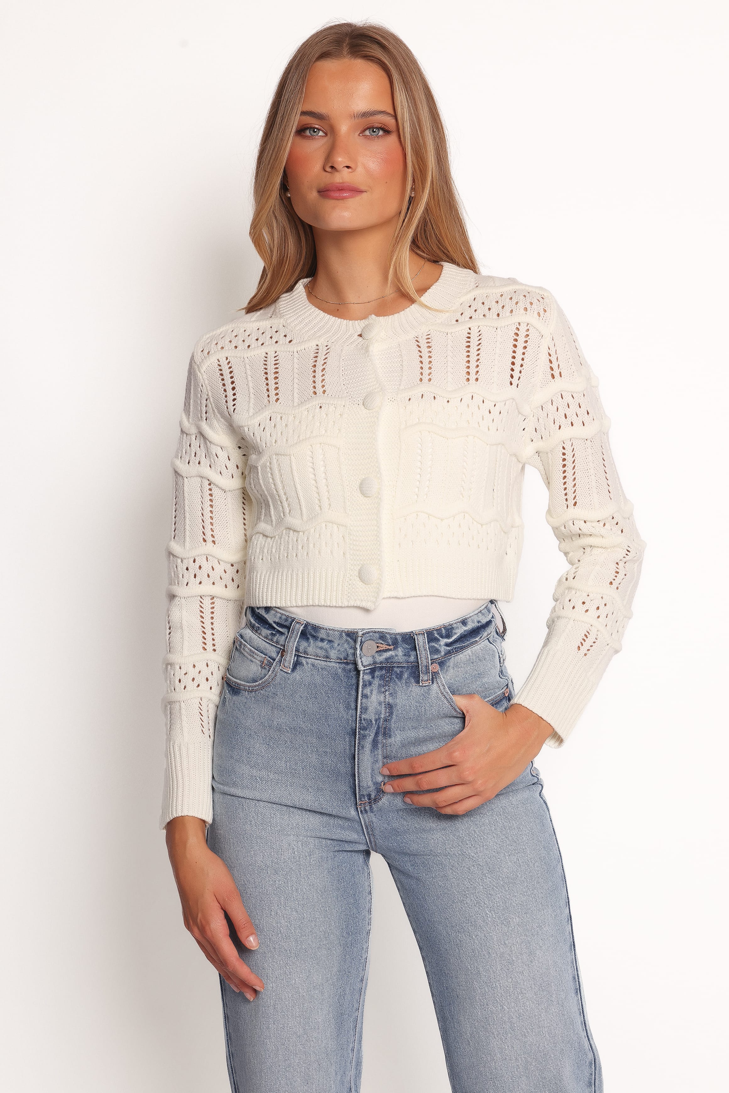 Aidy Crop Button Front Cardigan - White - Image 5