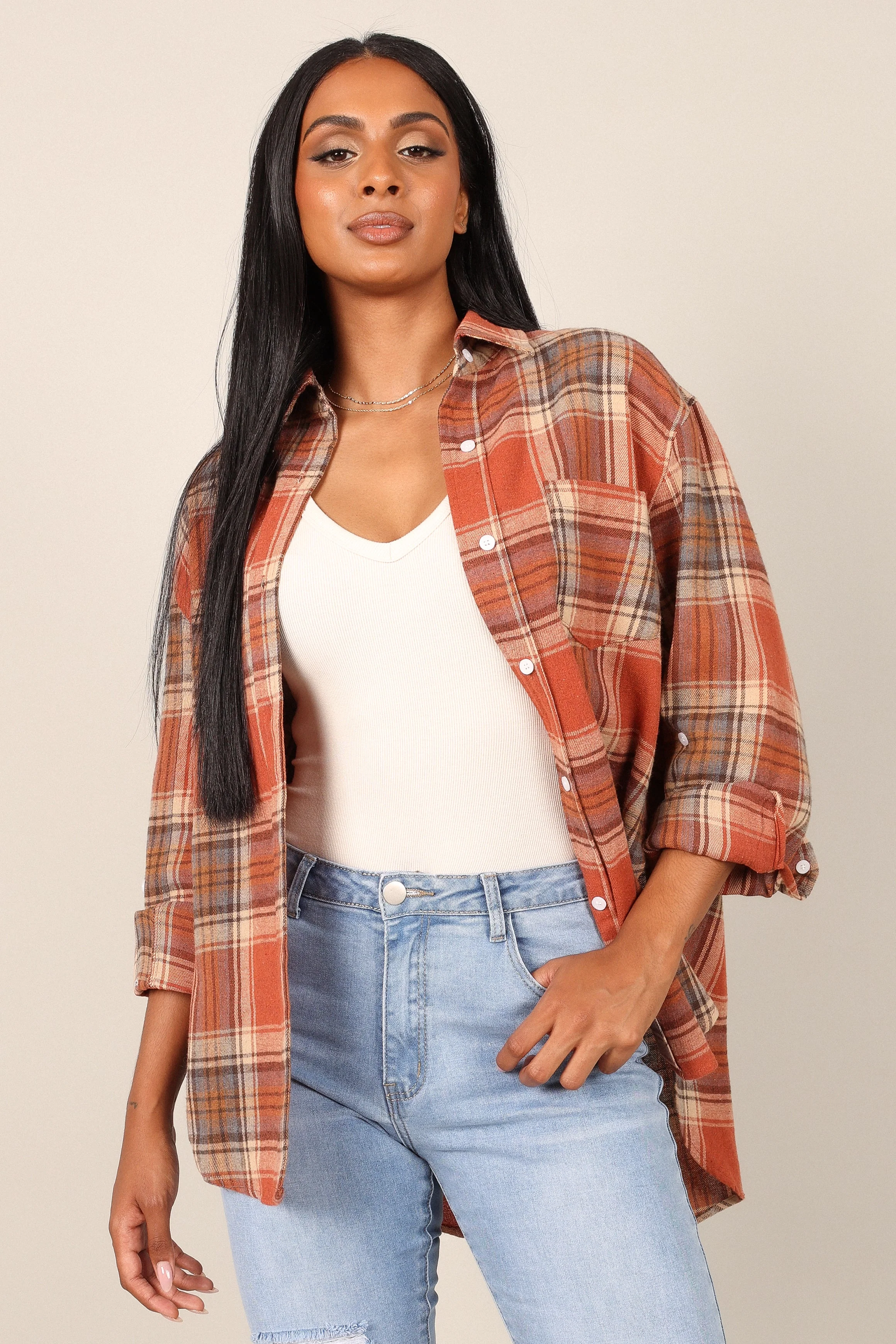Alexia Plaid Button Down Shirt - Brick - Image 2