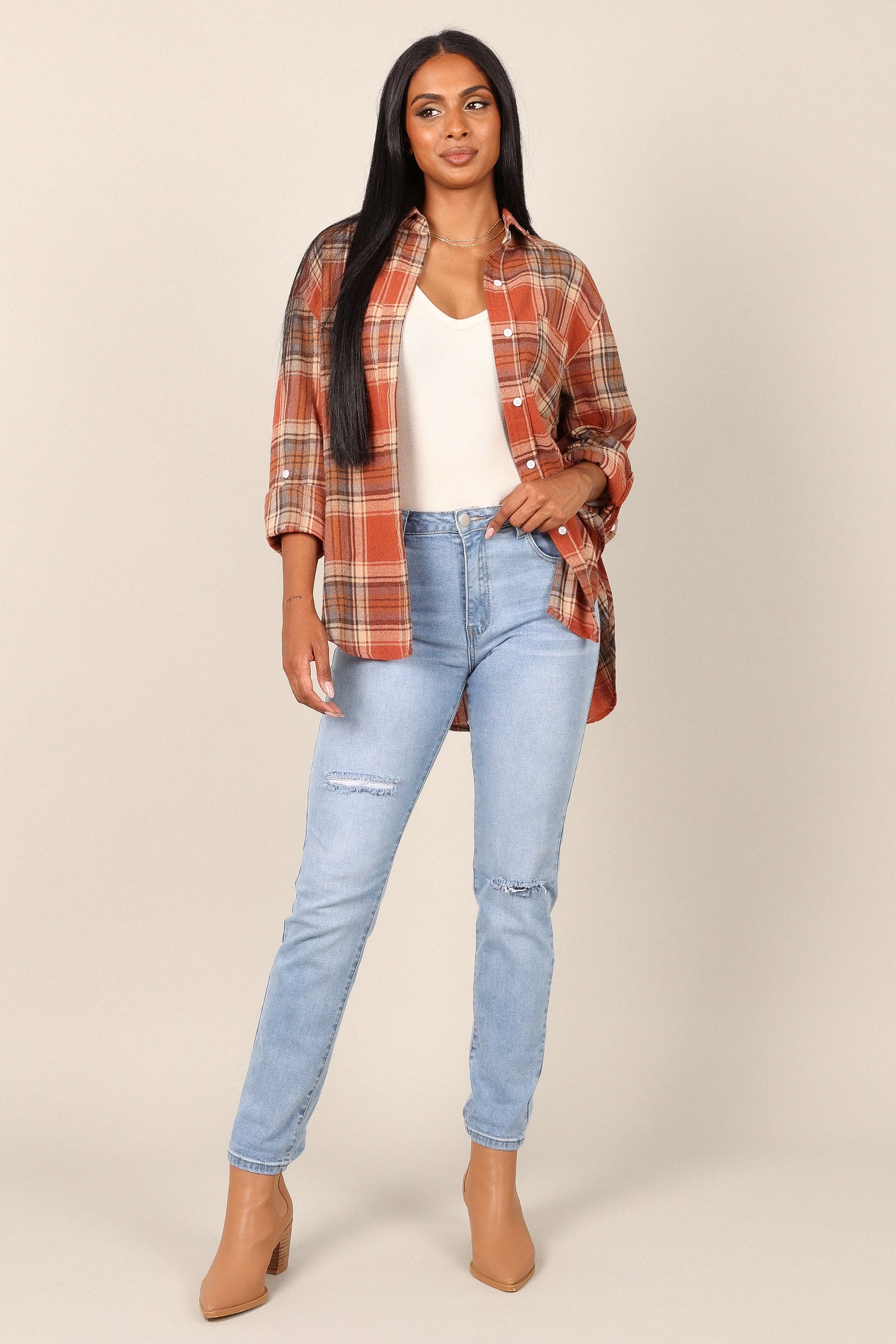 Alexia Plaid Button Down Shirt - Brick - Image 8