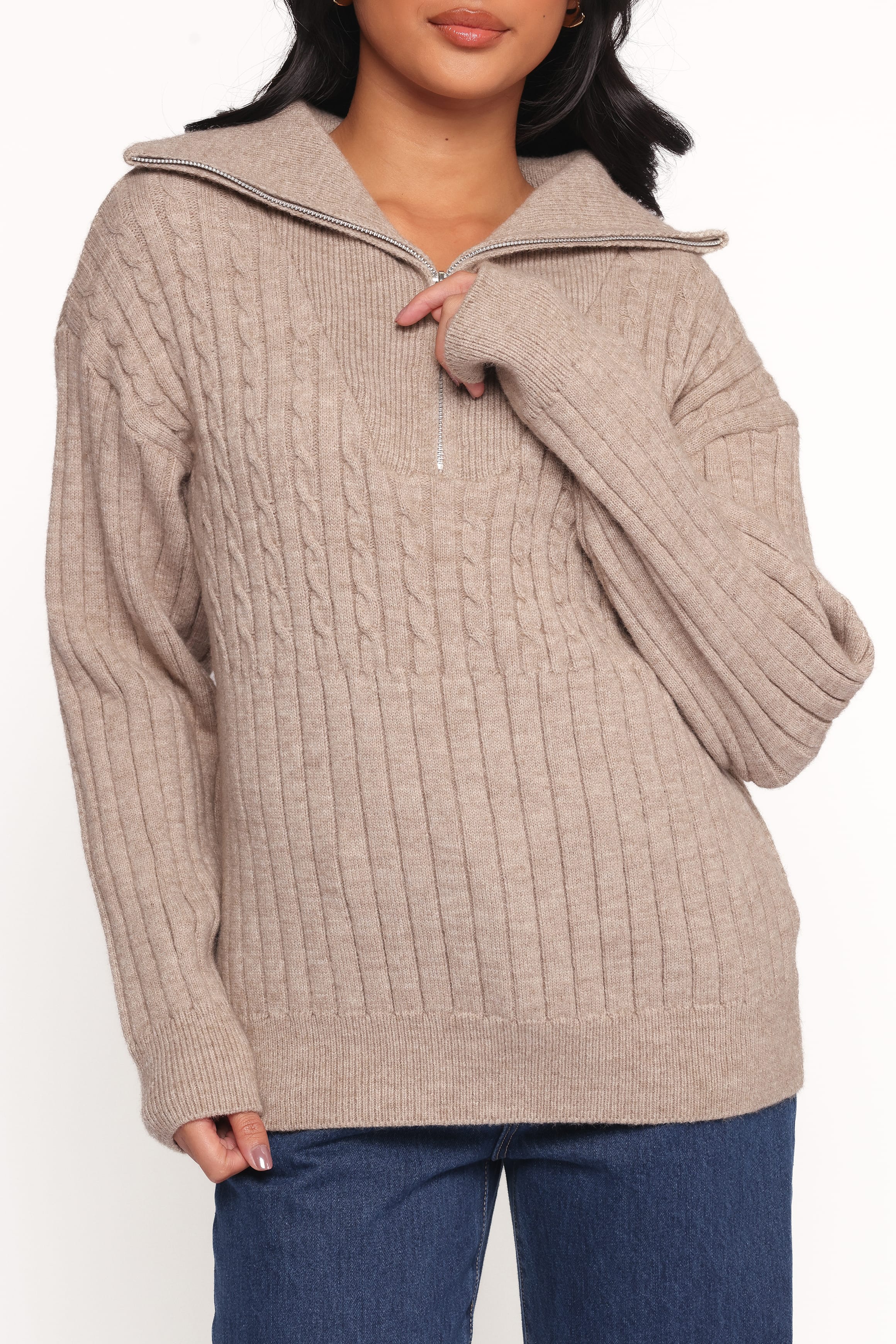 Anais Quarter Zip Knit Sweater - Beige - Image 5