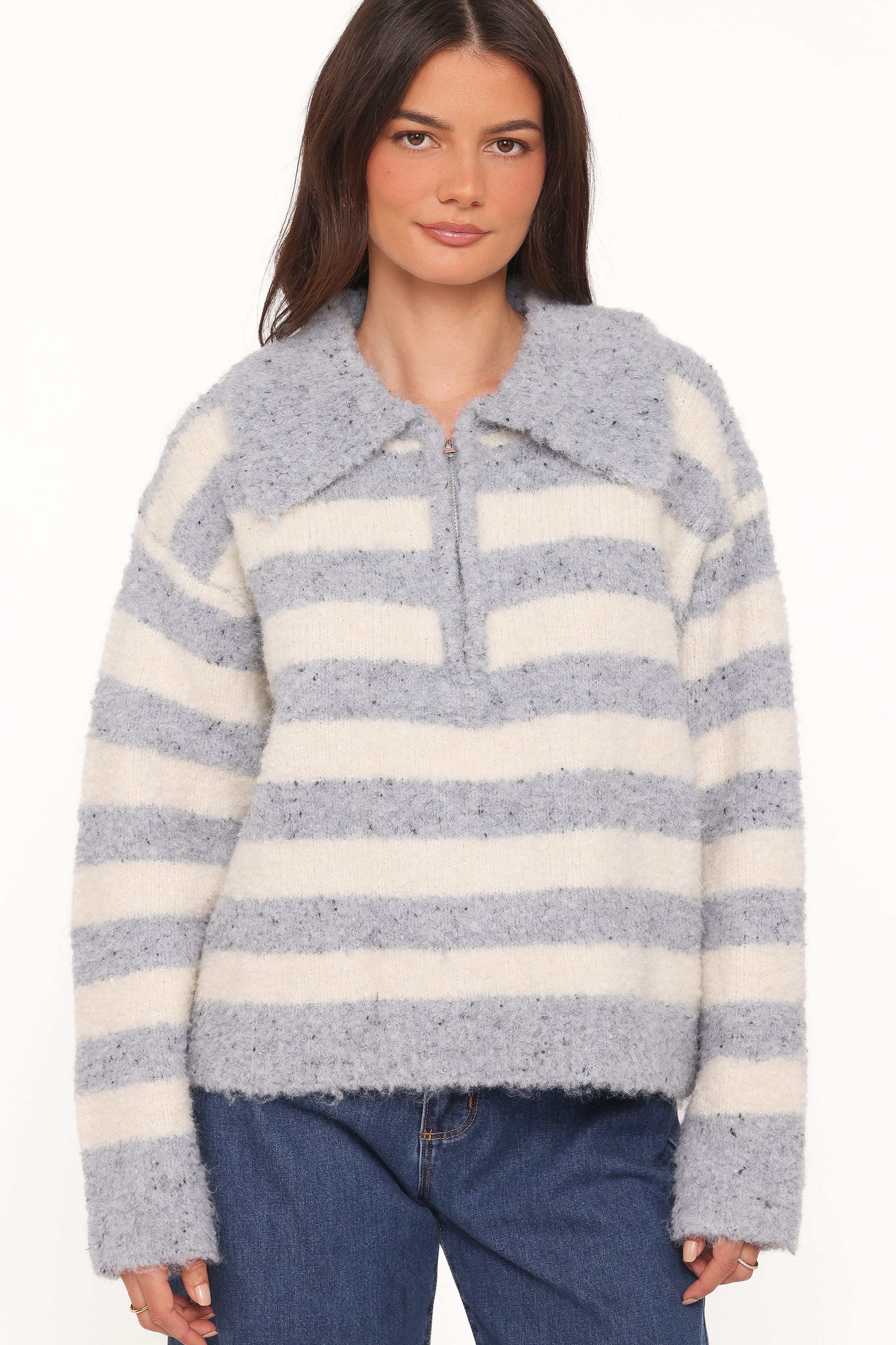 Angelica 1/4 Zip Sweater - Denim Blue Stripe - Image 2