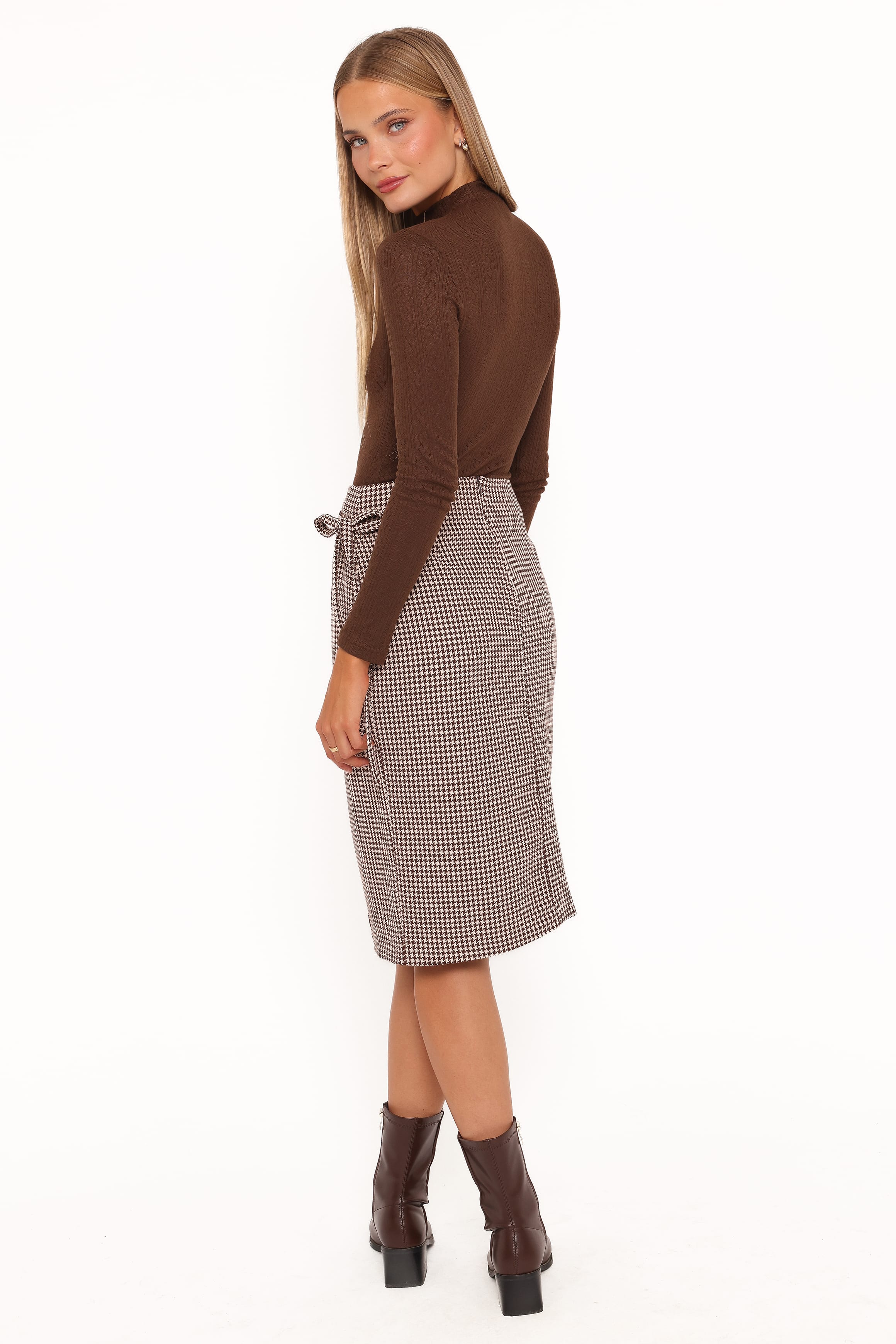 Ariela Wrap Front Midi Skirt - Brown Houndstooth - Image 5