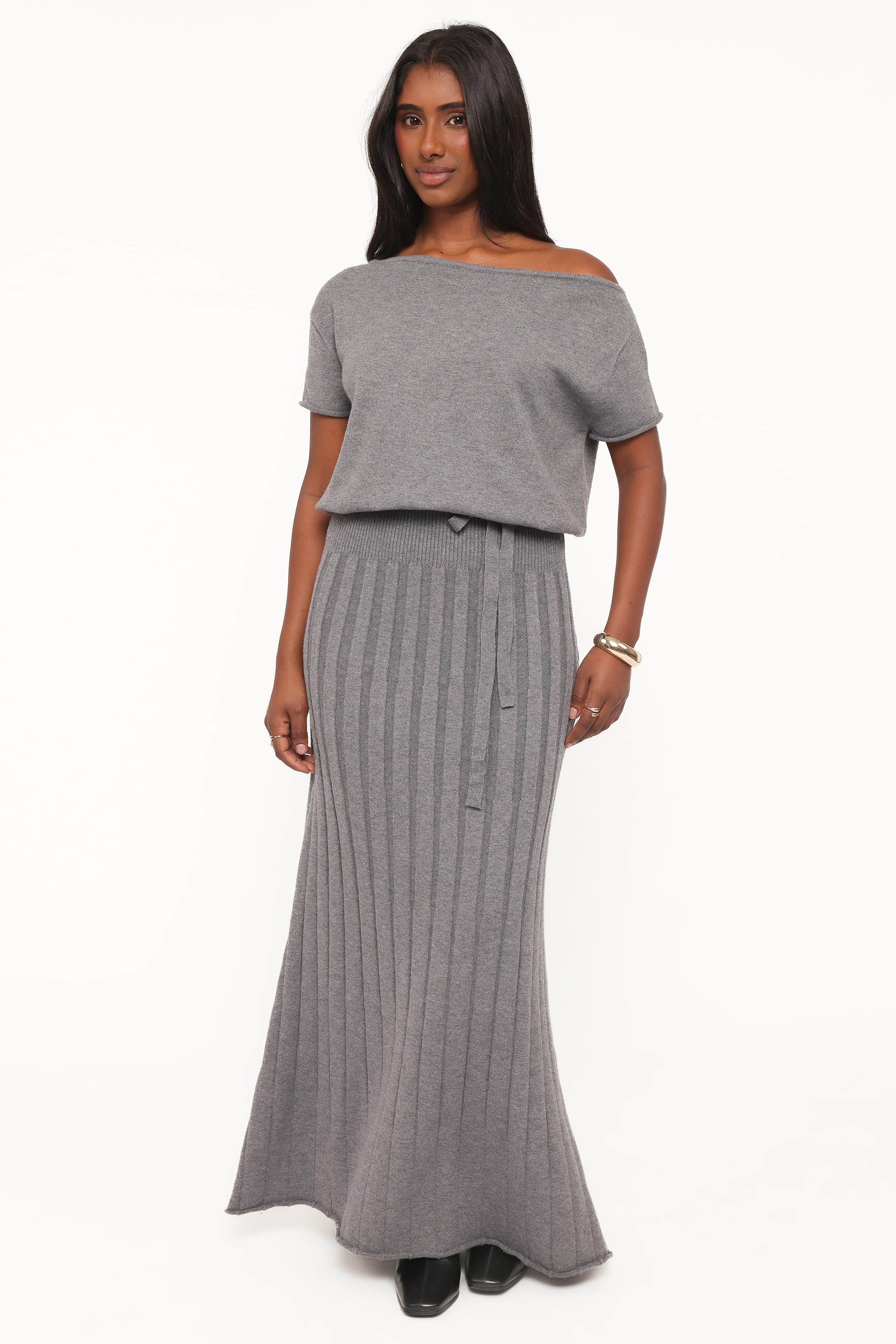 Arnie Off Shoulder Midi Dress - Charcoal Grey - Image 4