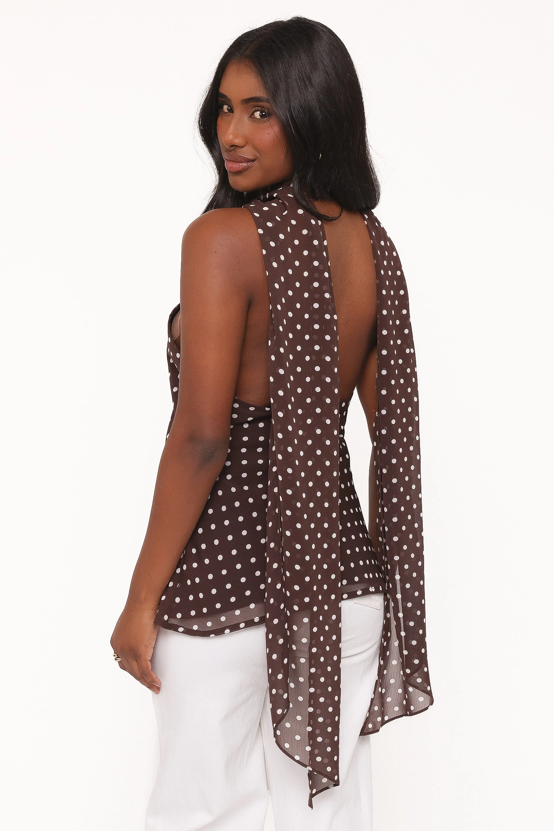 Beline Halter Top With Scarf - Brown Dot - Image 2