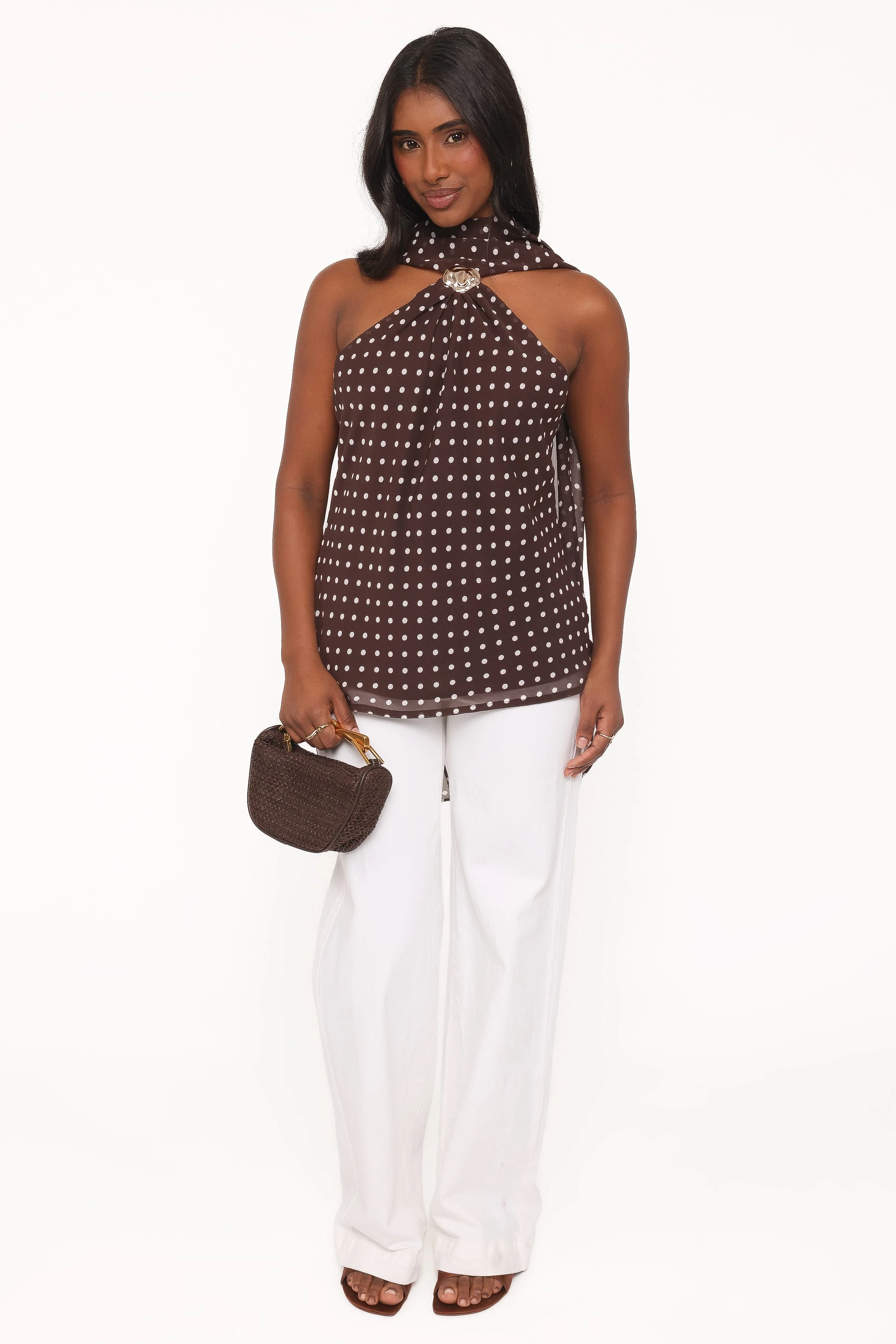 Beline Halter Top With Scarf - Brown Dot - Image 4