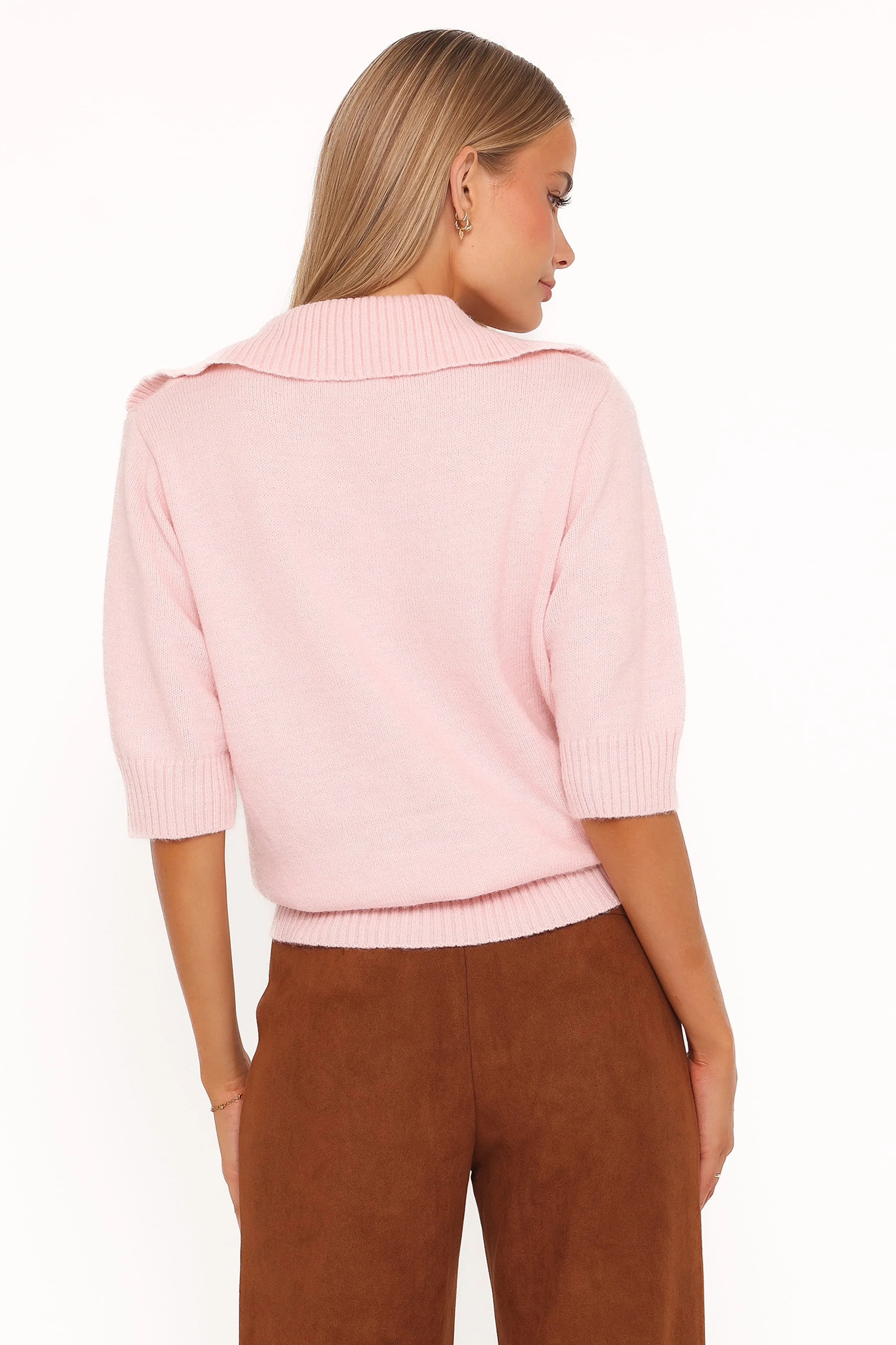 Bels Short Sleeve Collar Knit Sweater - Pink - Image 4