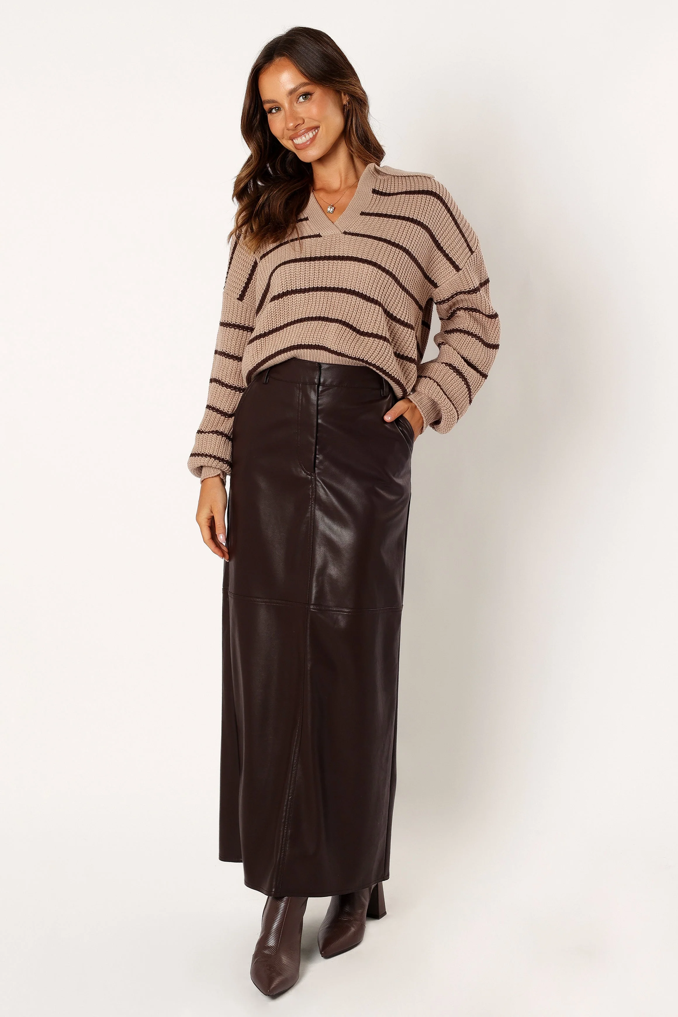 Bexley Collared Striped Knit Sweater - Mocha Brown - Image 7
