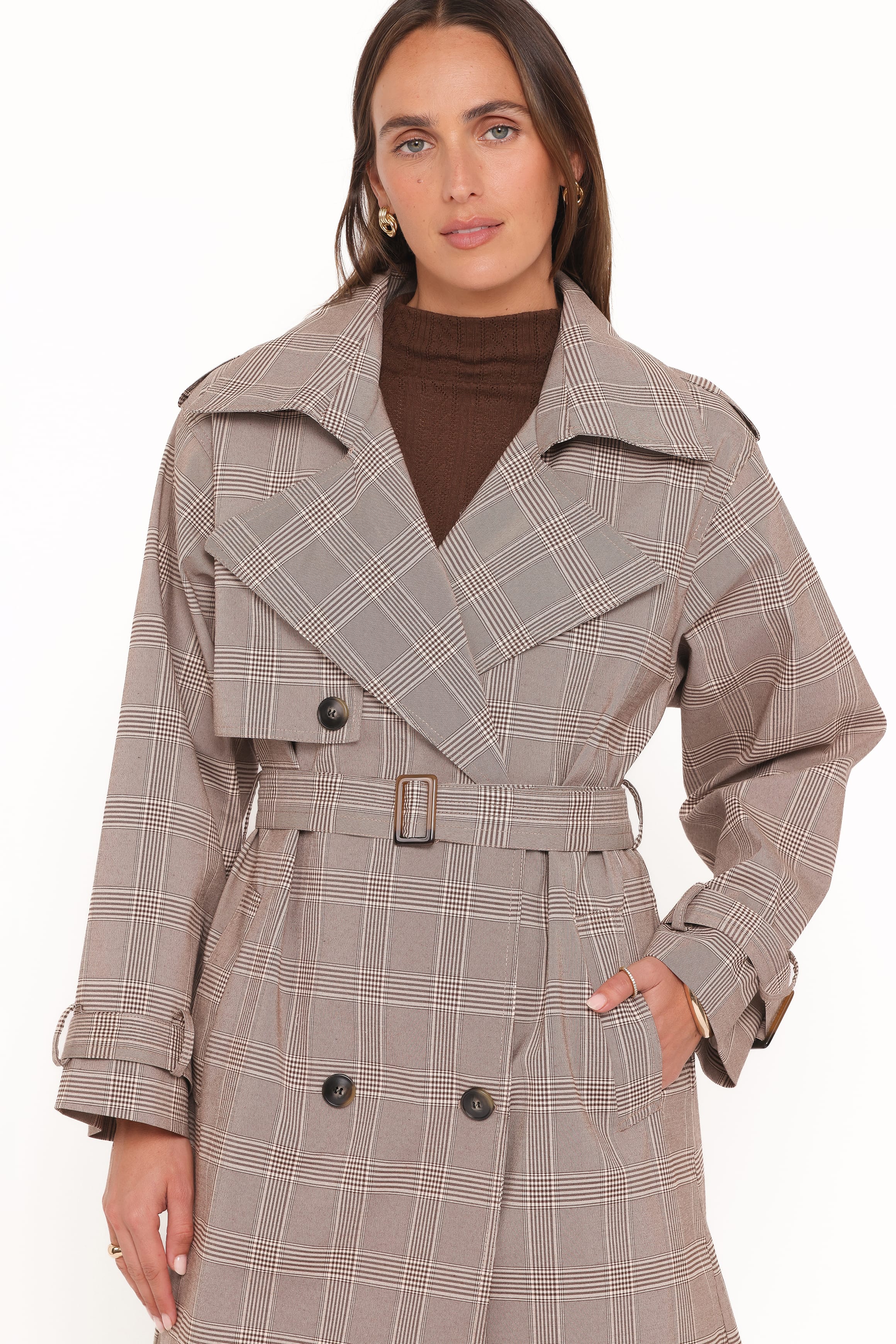 Billy Button Front Trench Coat - Brown Plaid - Image 2