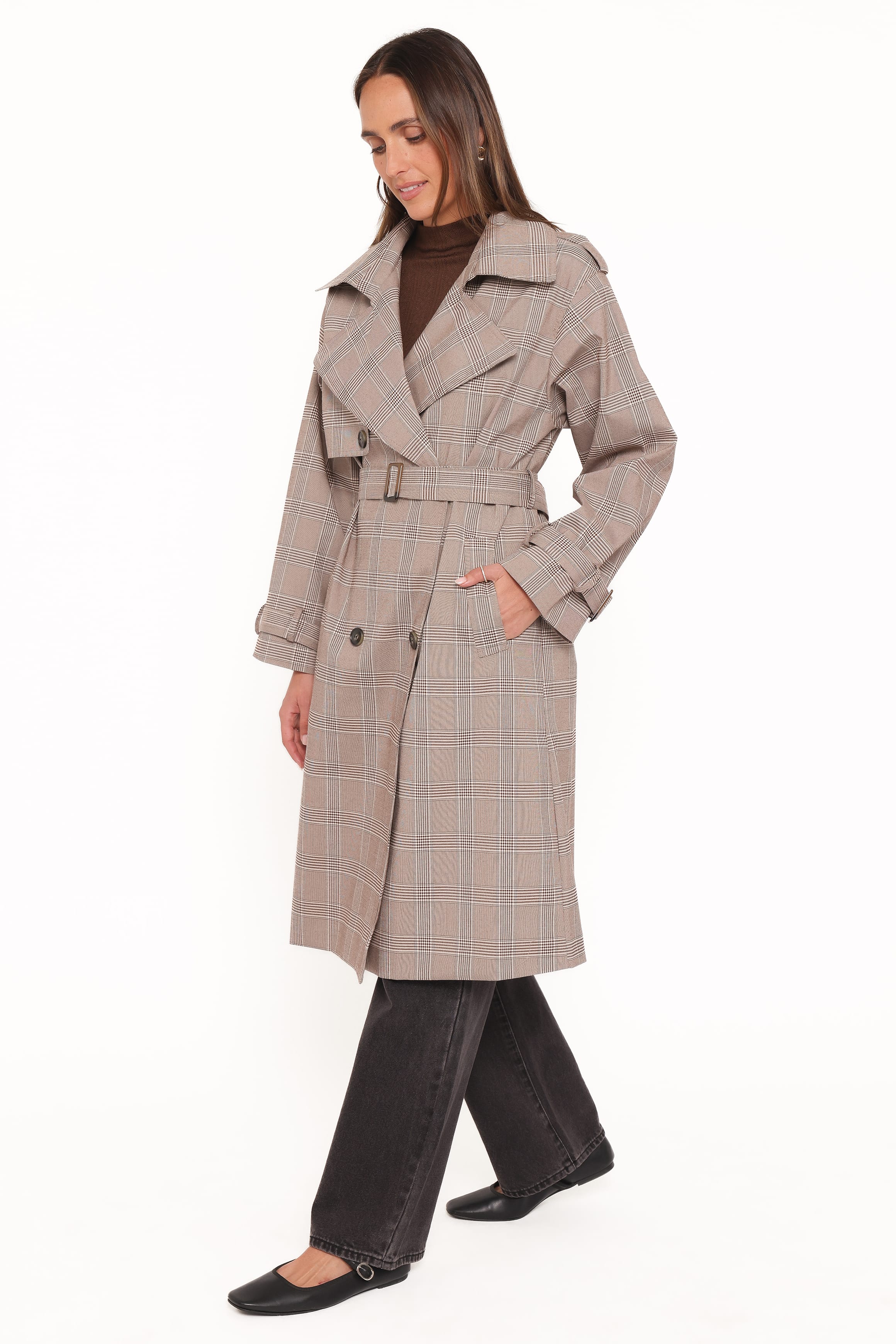 Billy Button Front Trench Coat - Brown Plaid - Image 3