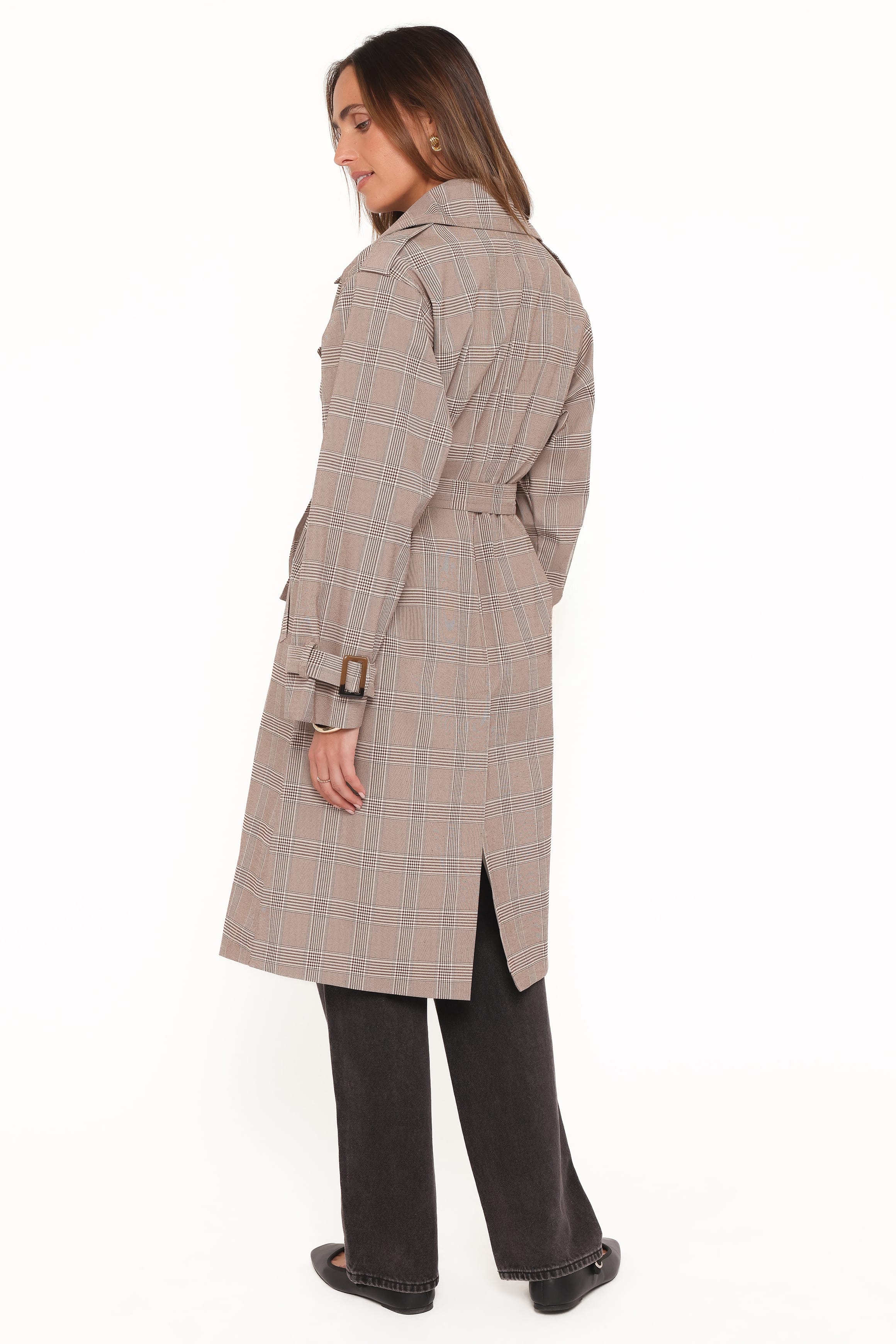 Billy Button Front Trench Coat - Brown Plaid - Image 4
