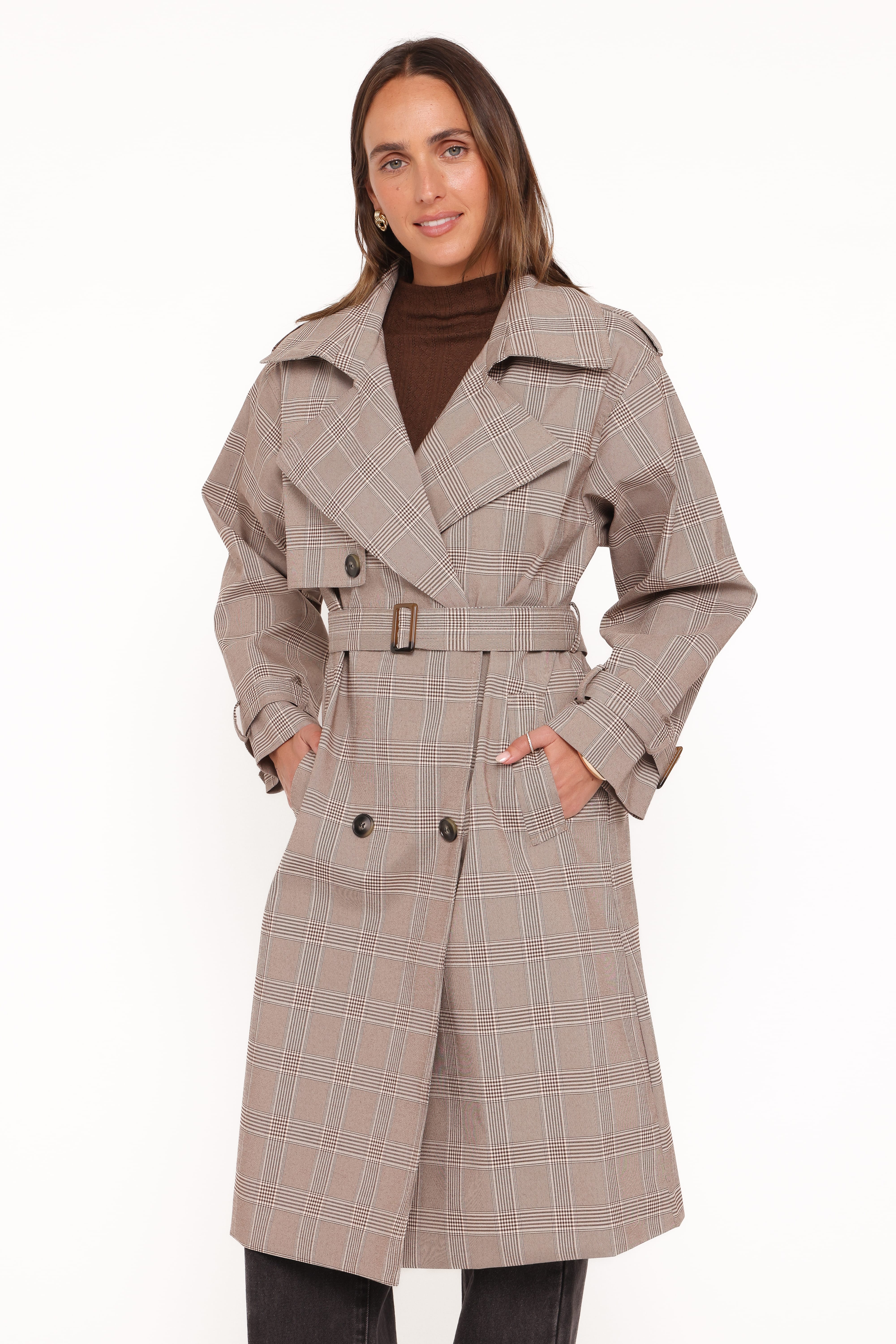 Billy Button Front Trench Coat - Brown Plaid - Image 5
