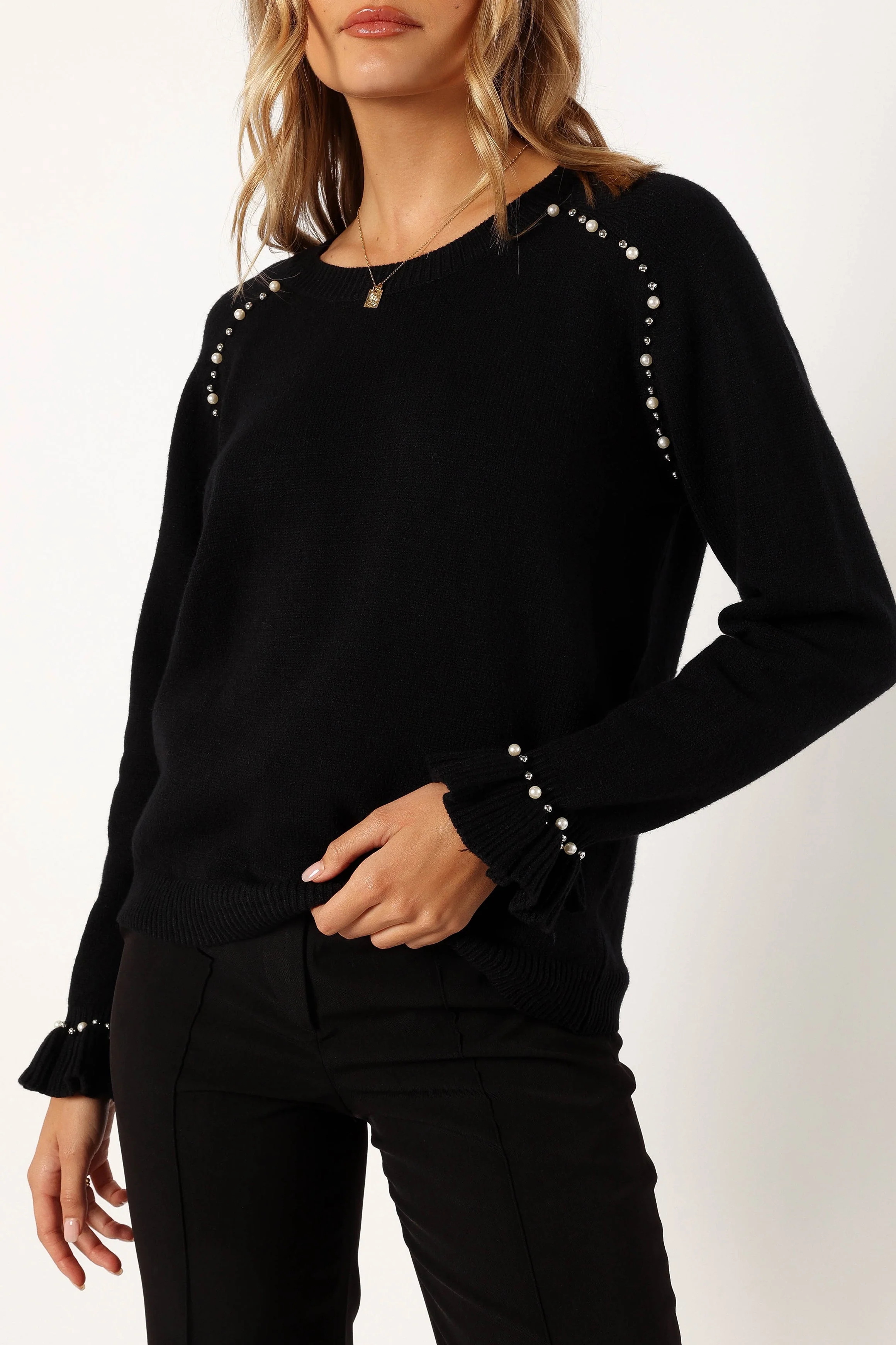 Blakely Pearl Detail Knit Sweater - Black - Image 6