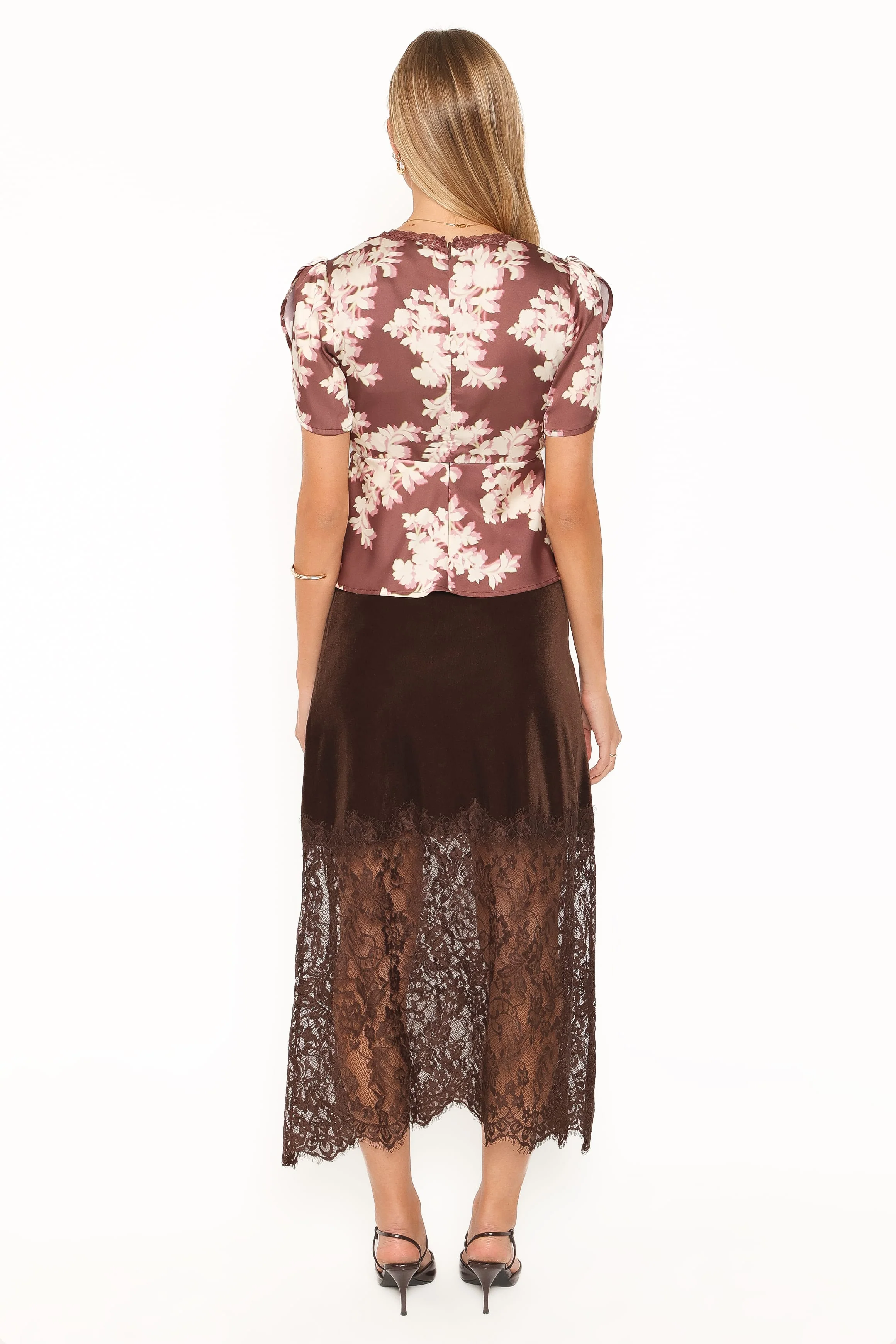 Bridie Lace Trim Midi Skirt - Chocolate Velvet - Image 5