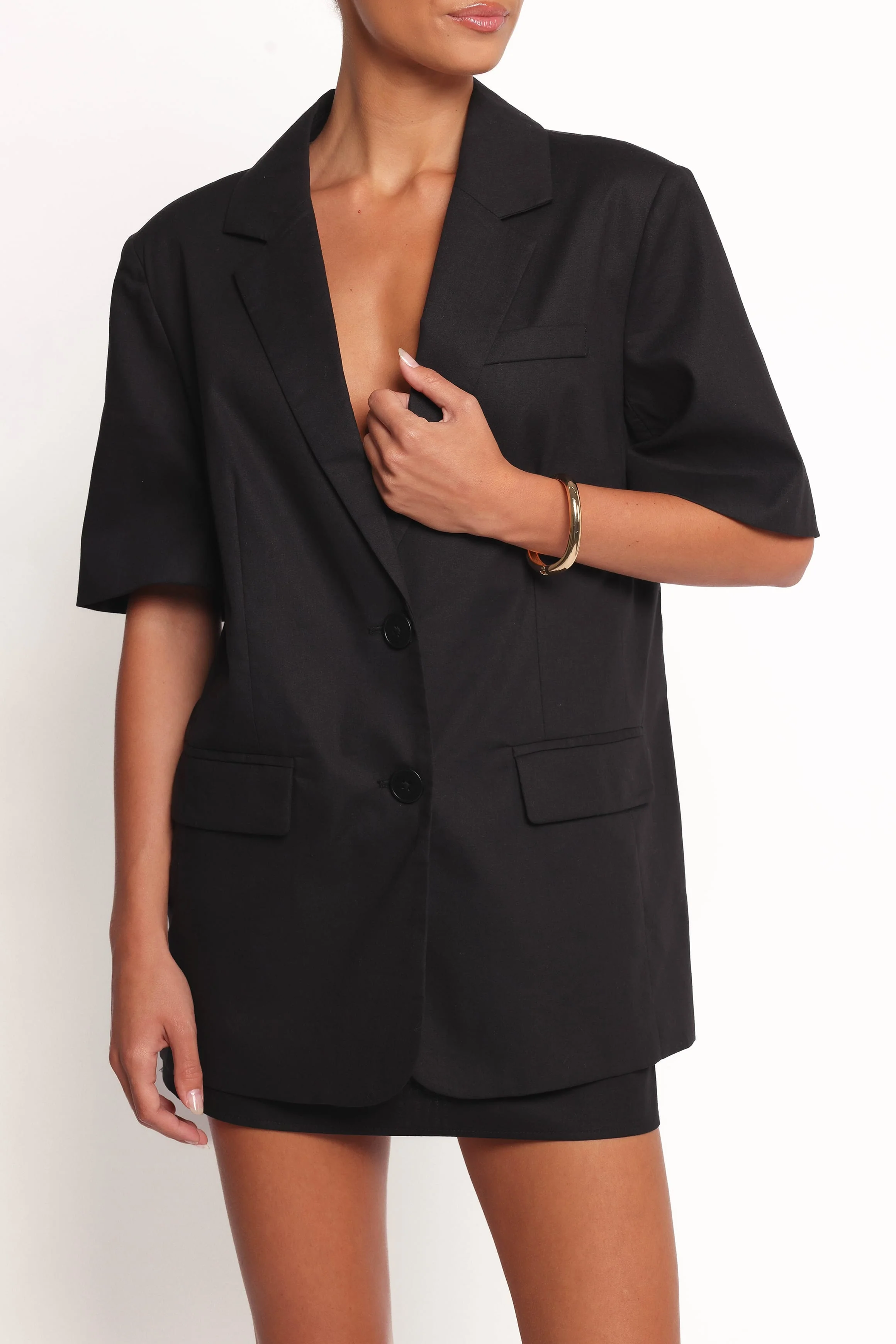 Brielle Short Sleeve Blazer Top - Black - Image 3