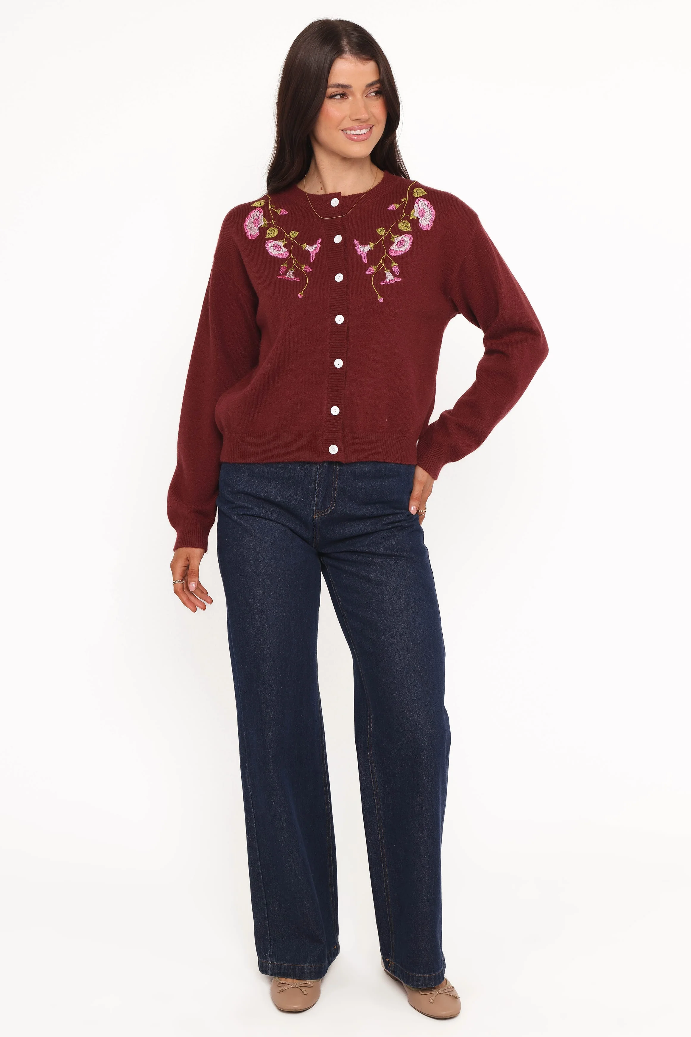 Brittany Placed Embroidery Flower Cardigan - Burgundy - Image 5