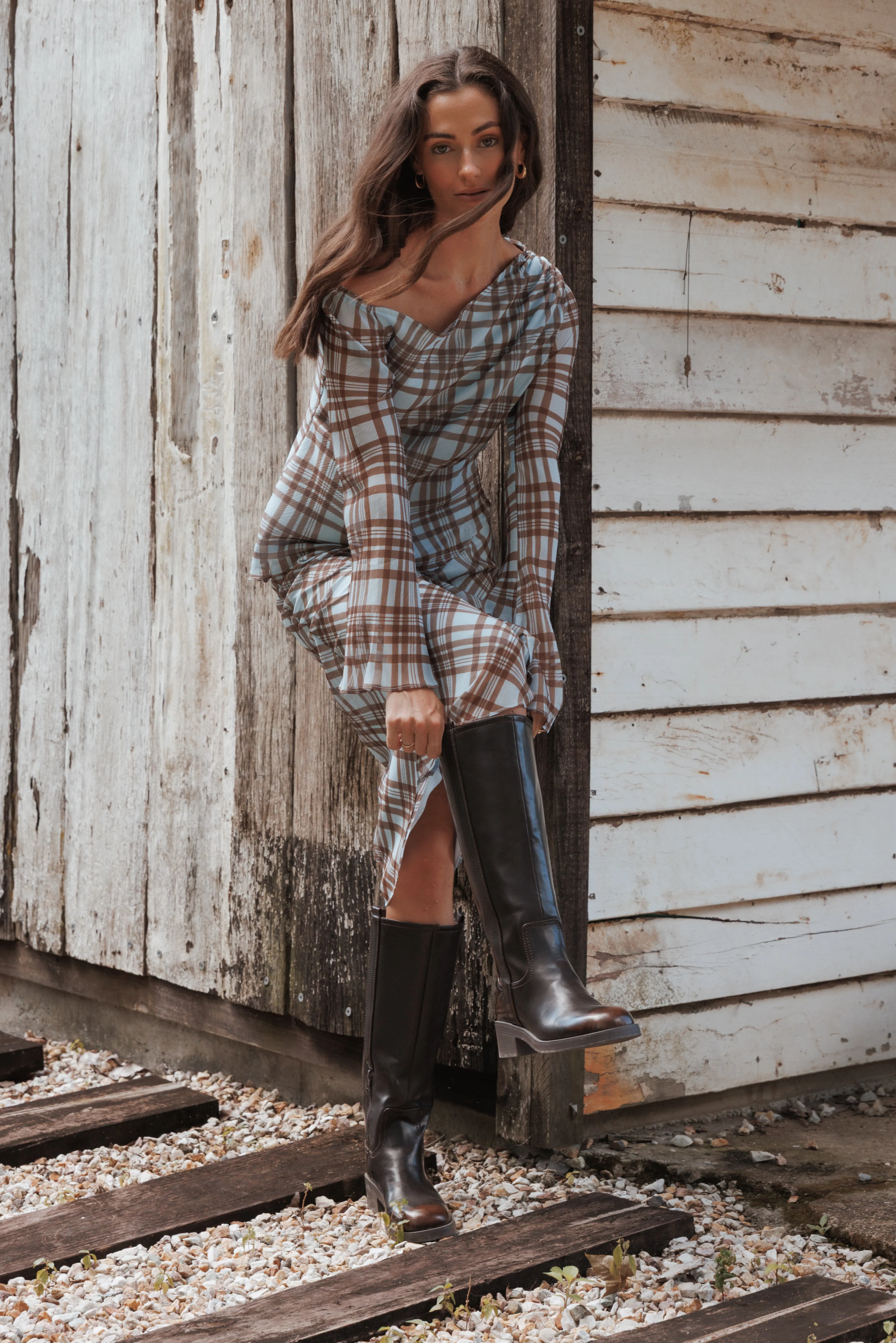 Caitriona Cowl Neck Top - Blue Plaid - Image 8