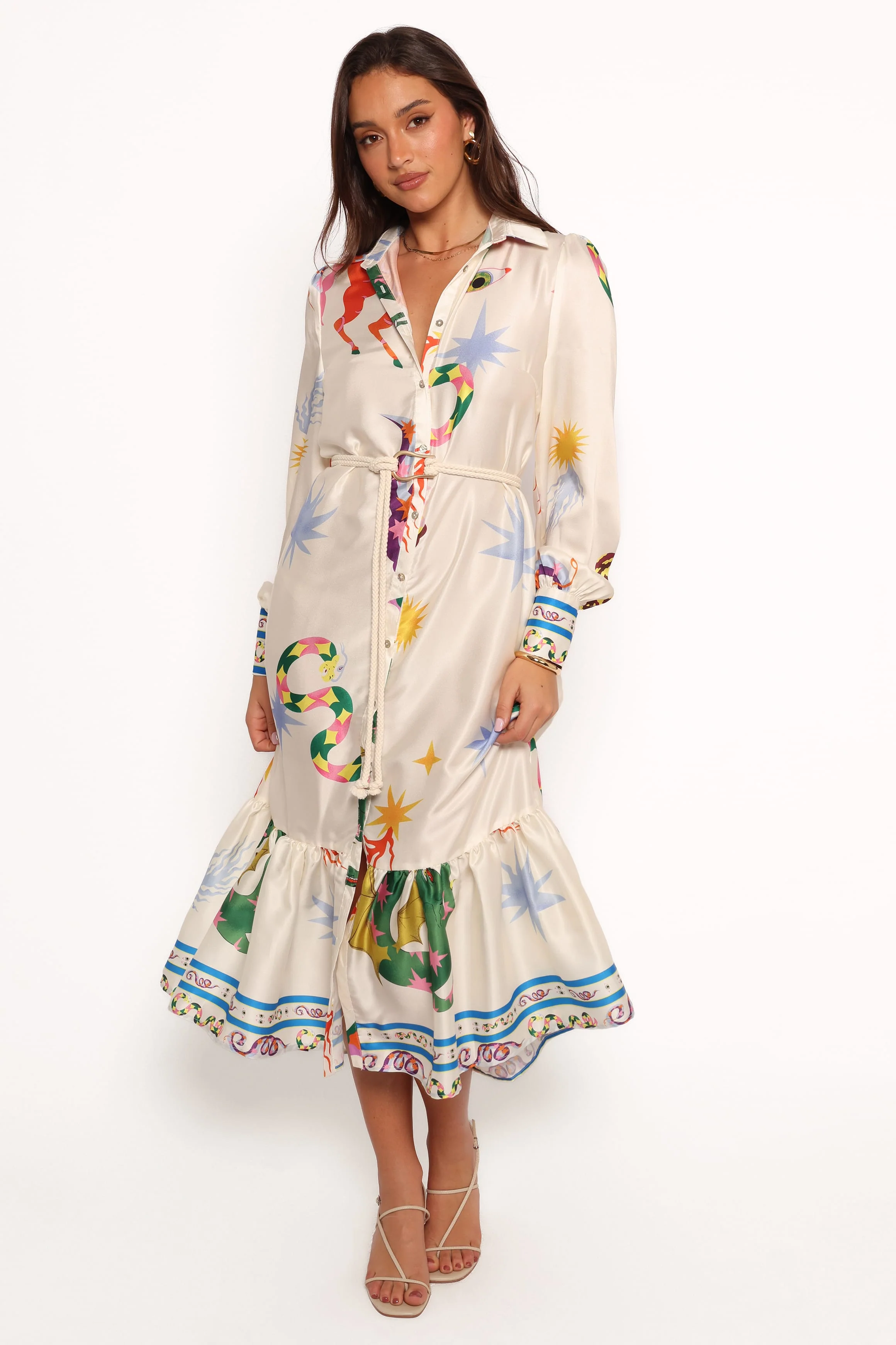 Calie Long Sleeve Midi Dress - White/Orange - Image 3