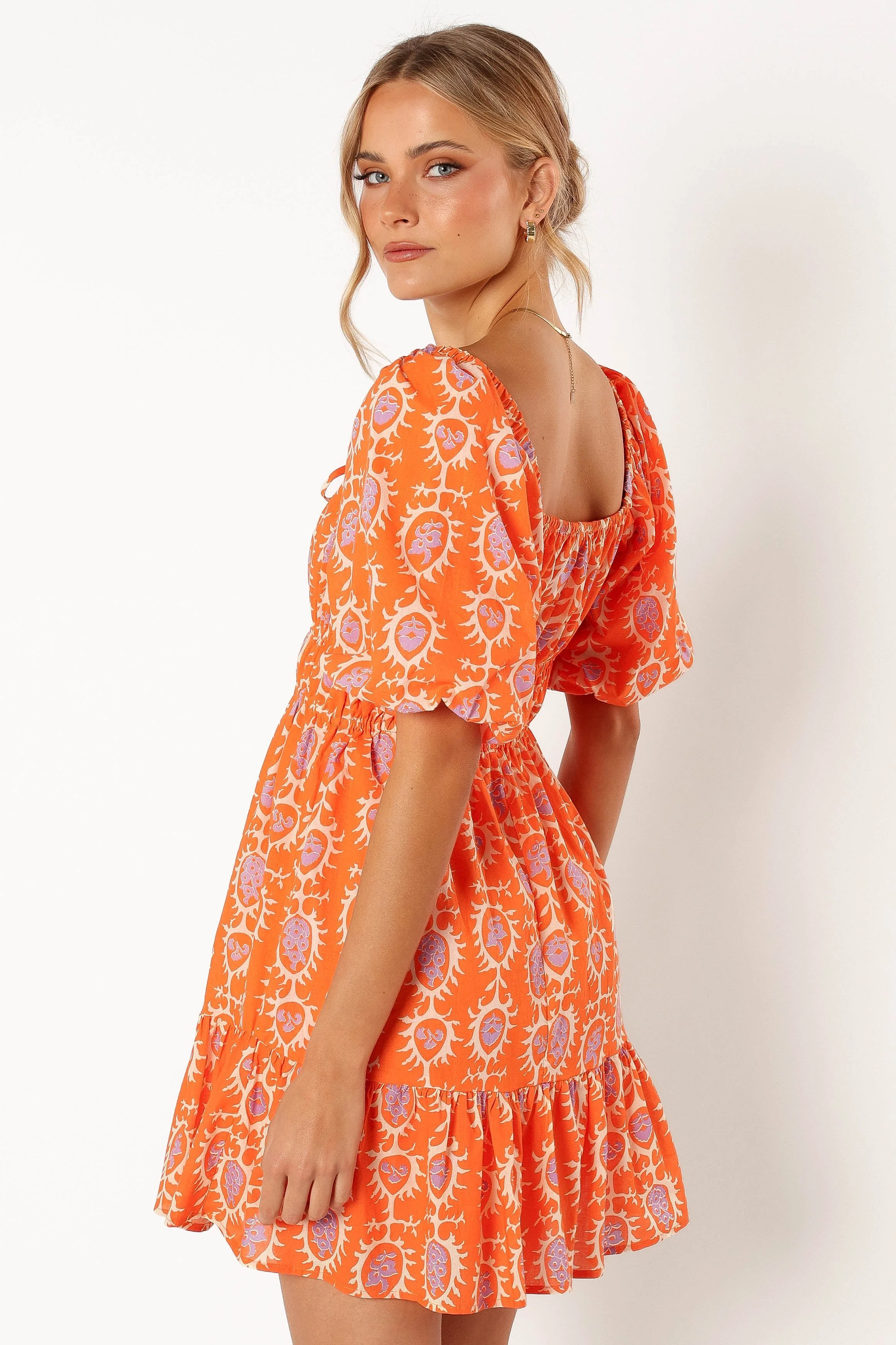 Carmen Off Shoulder Mini Dress - Orange Print - Image 3