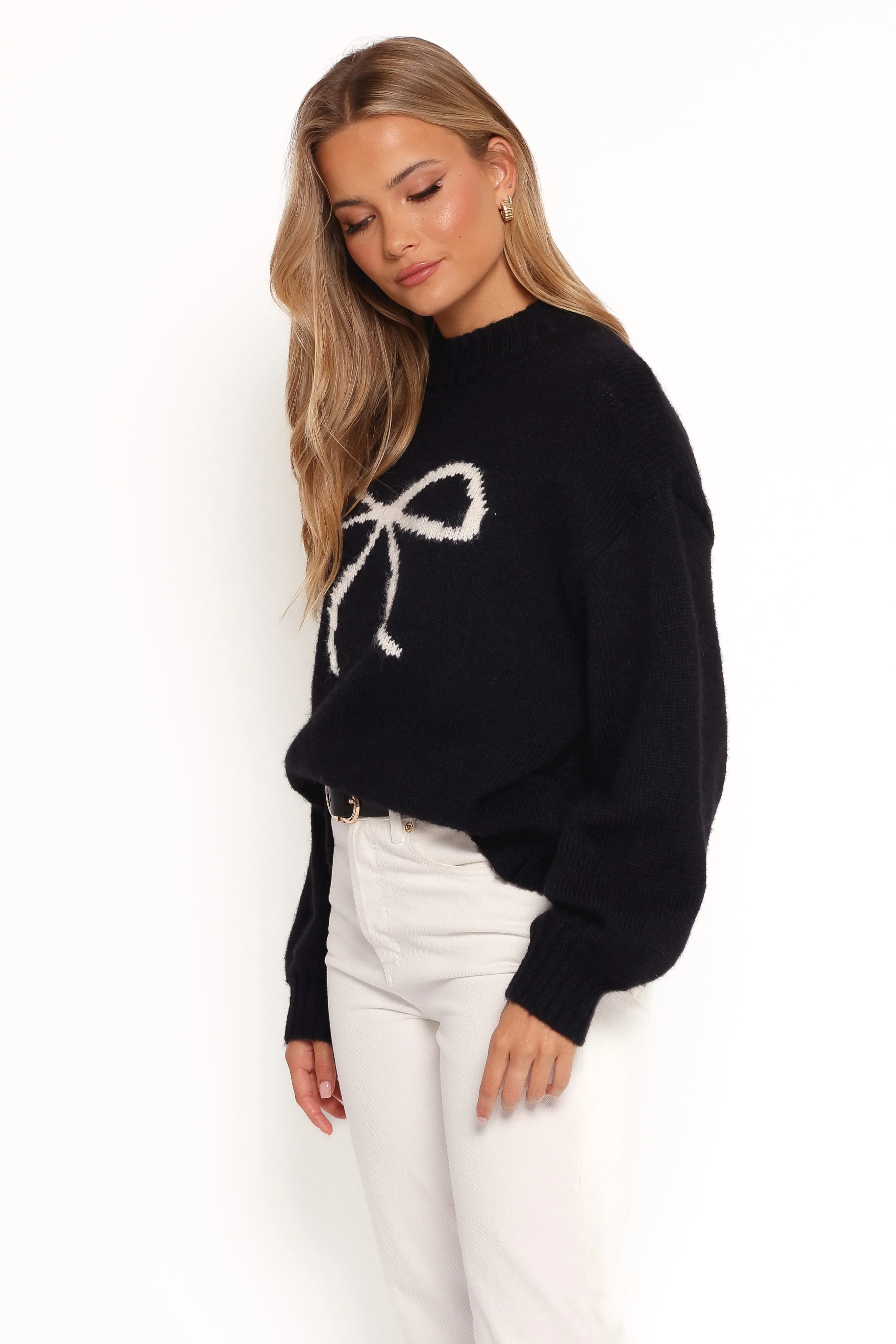 Cecelia Bow Print Mock Neck Knit Sweater - Black - Image 3