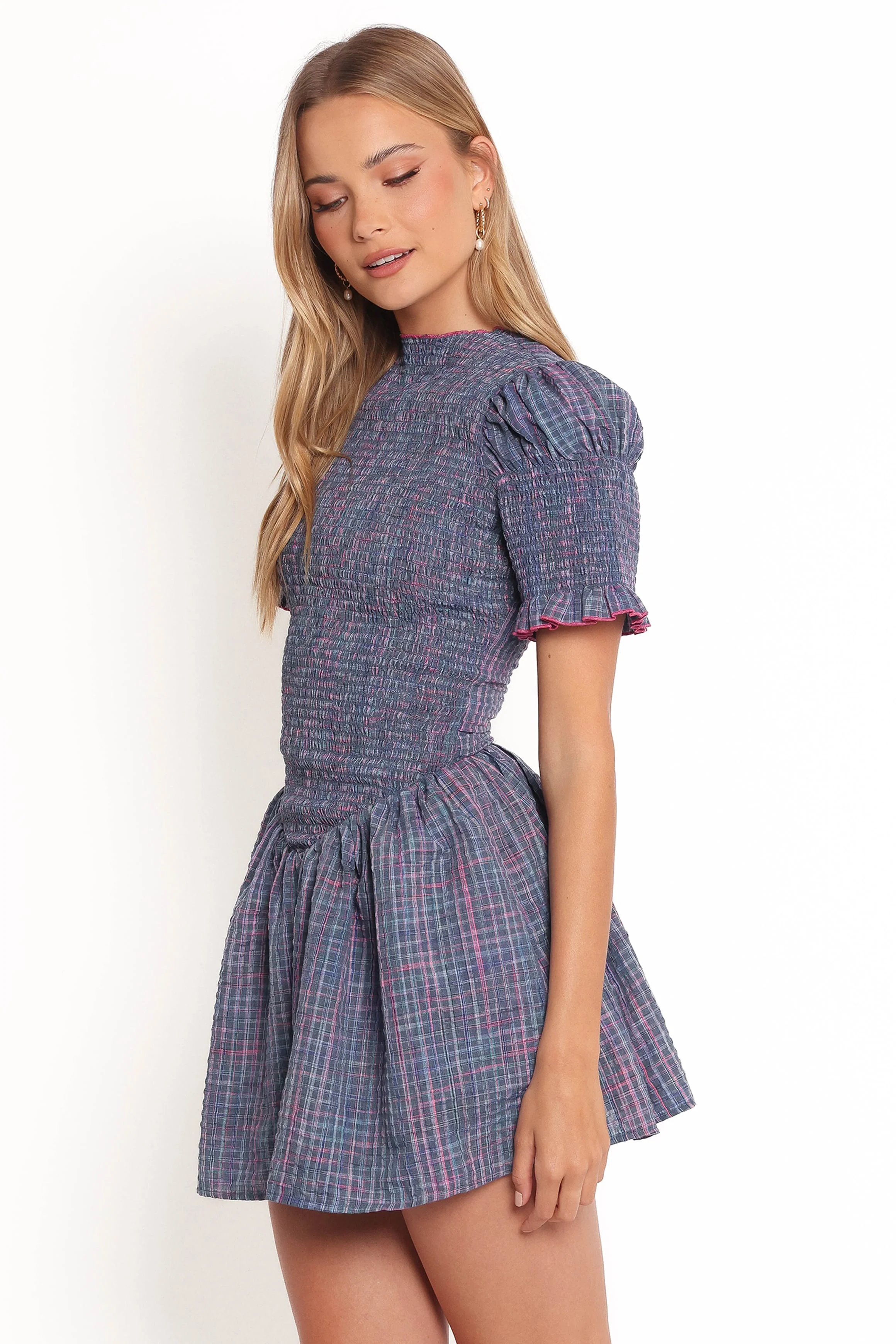 Celine Mini Dress - Navy Plaid - Image 4