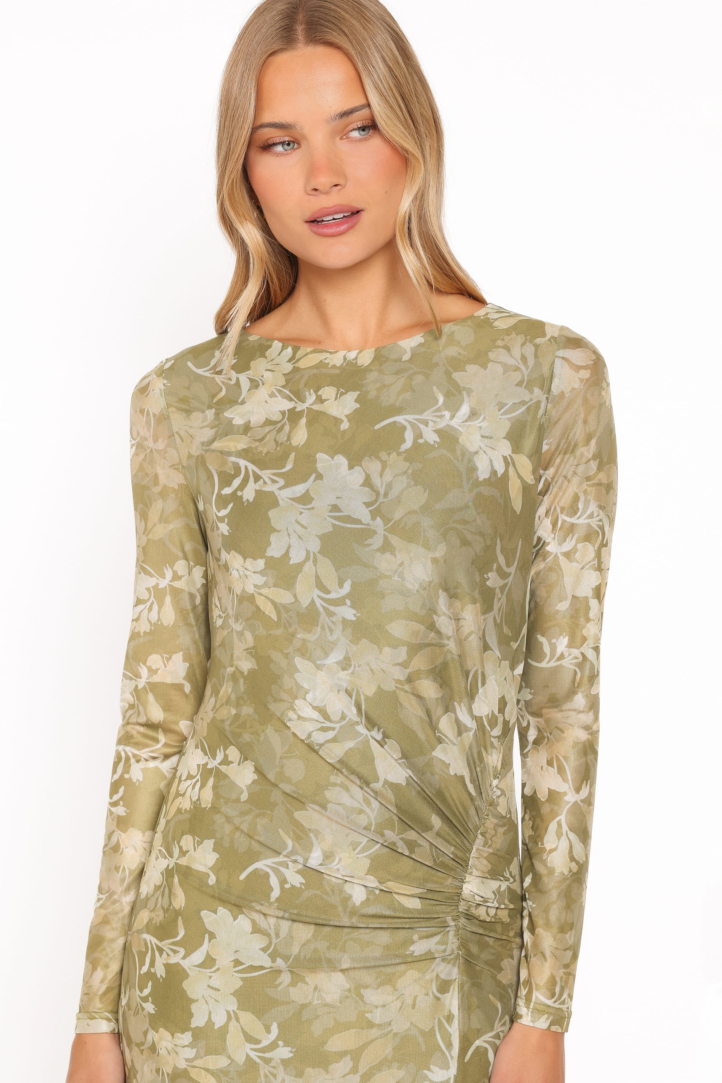 Chelsea Ruched Mesh Maxi Dress - Green Floral - Image 3