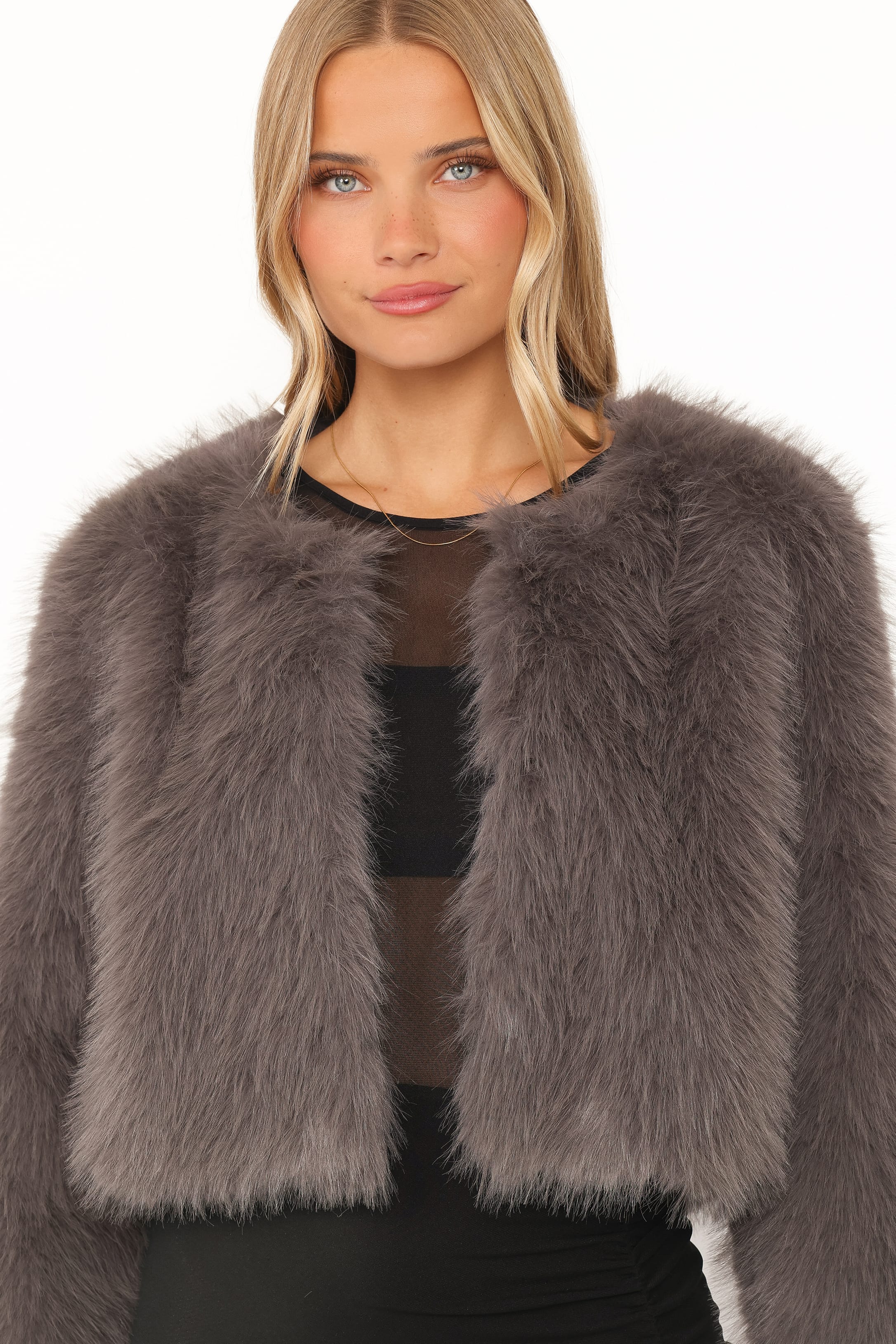 Connie Faux Fur Cropped Jacket - Gunmetal Grey - Image 2