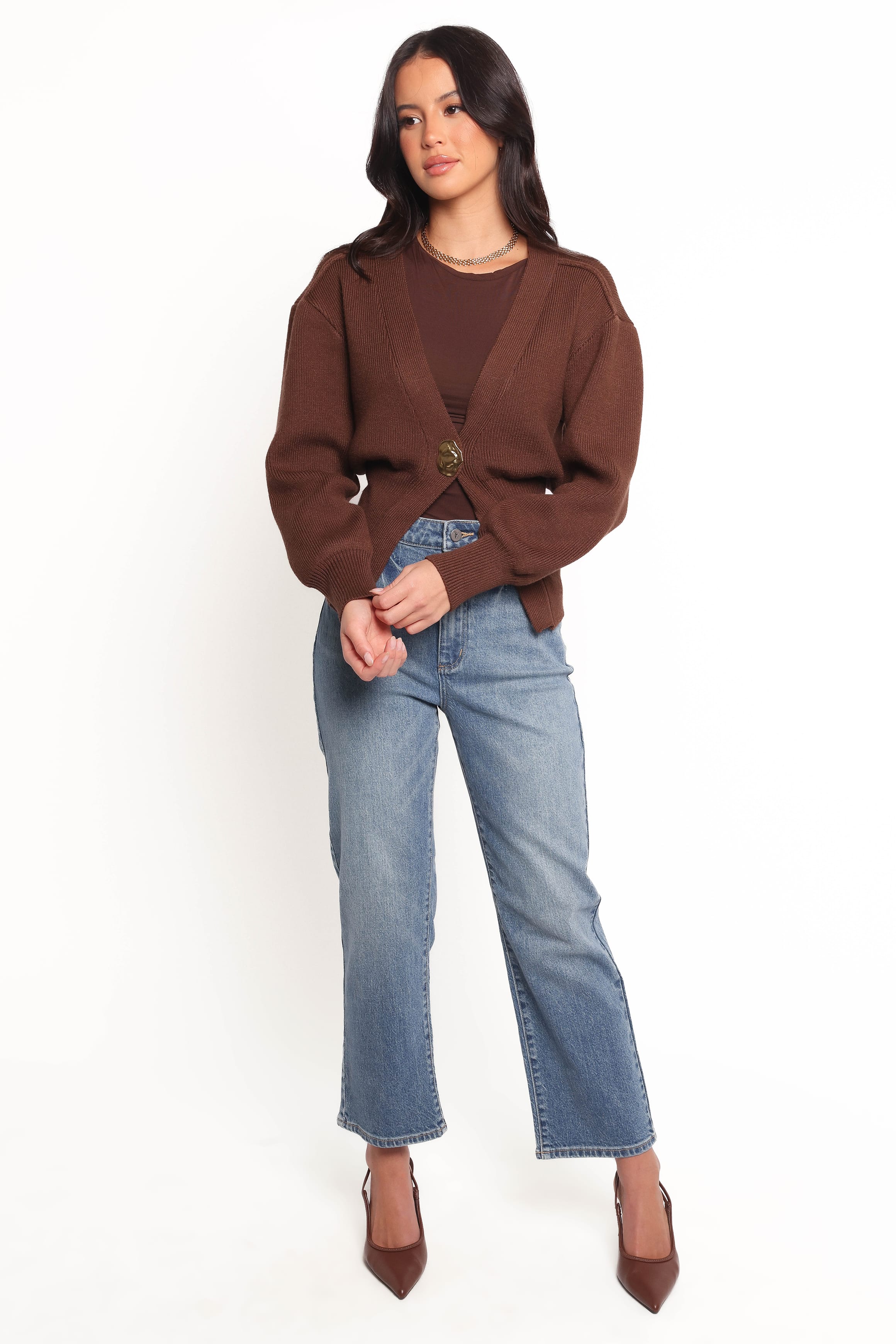 Cyrelle Single Button Cardigan - Brown - Image 7