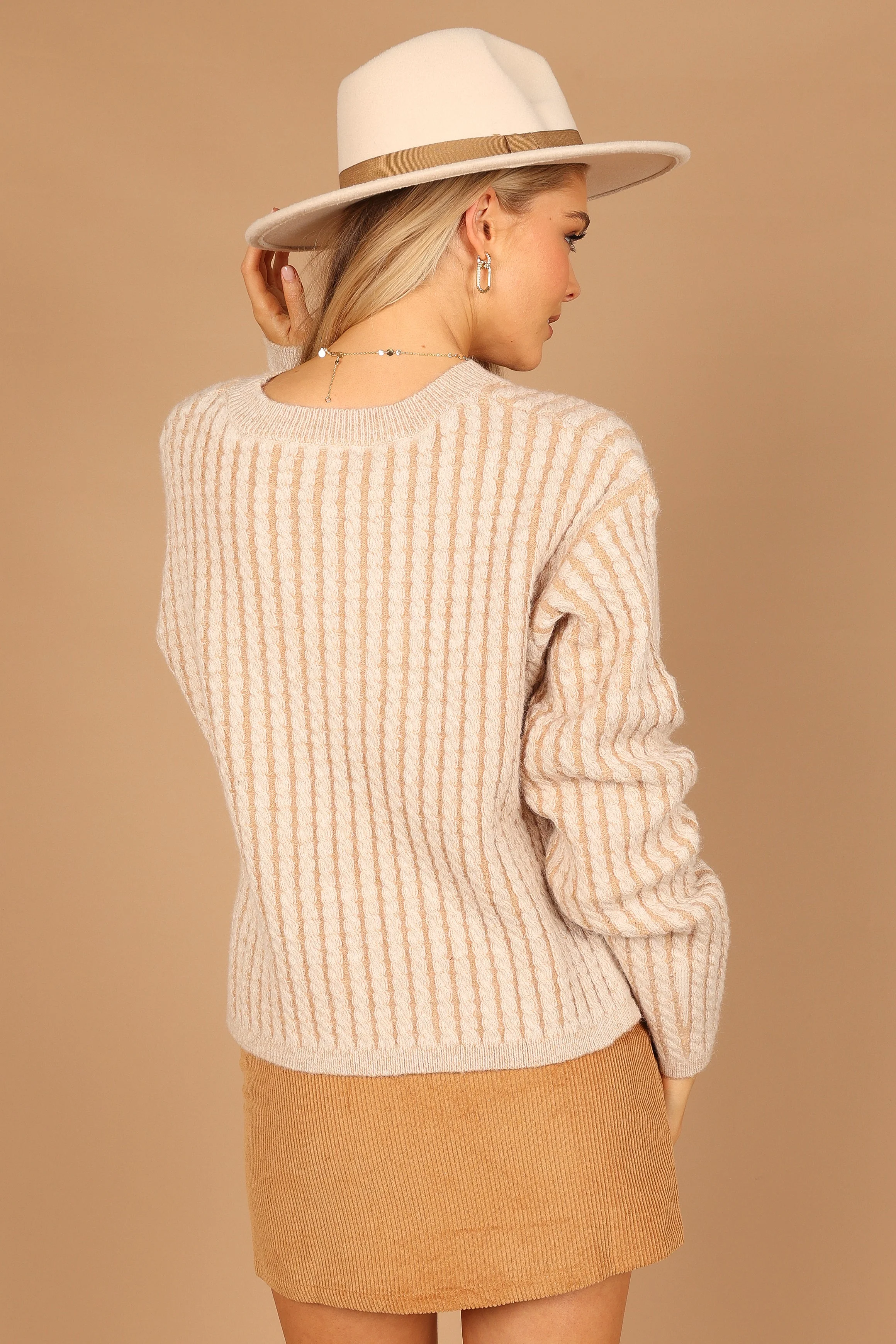 Dakota Crew Neck Oversized Sleeve Knit Sweater - Light Brown - Image 5