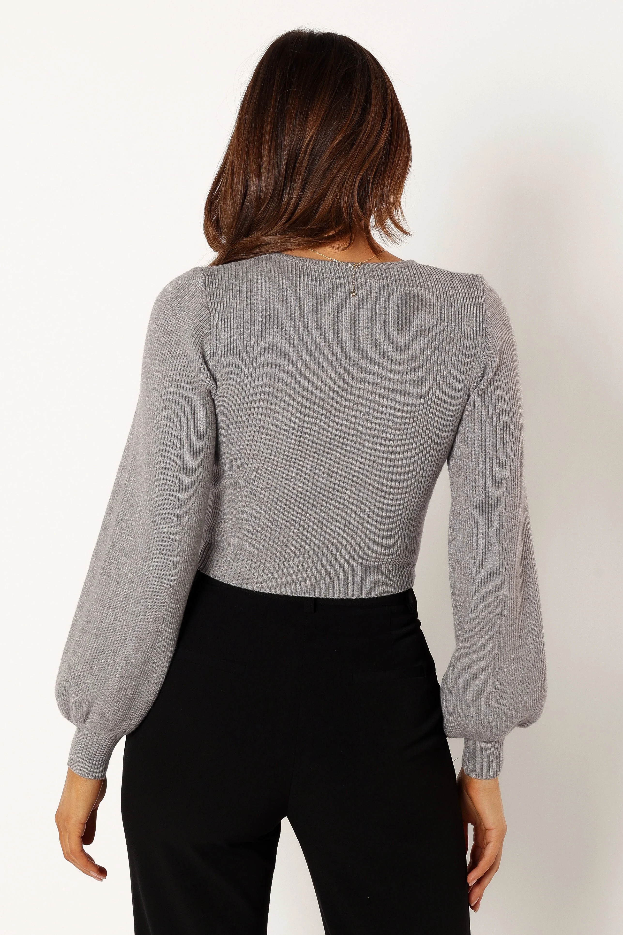 Daphne Crewneck Bubble Sleeve Knit Sweater - Charcoal - Image 3