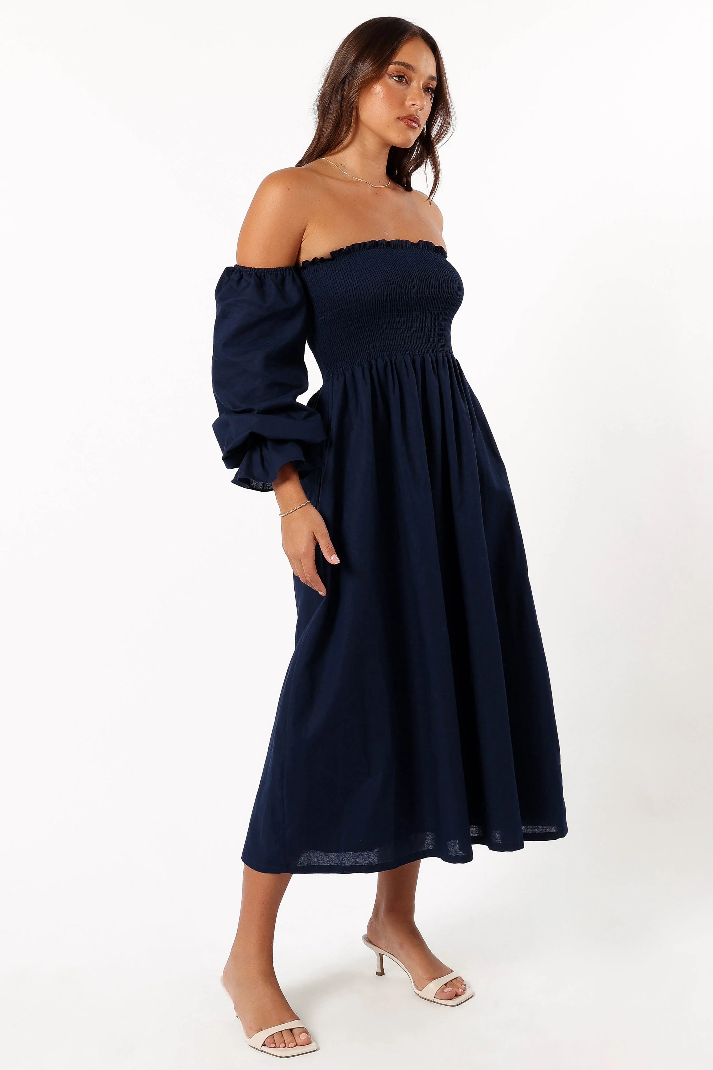 Domenica Shirred Long Sleeve Dress - Navy - Image 8