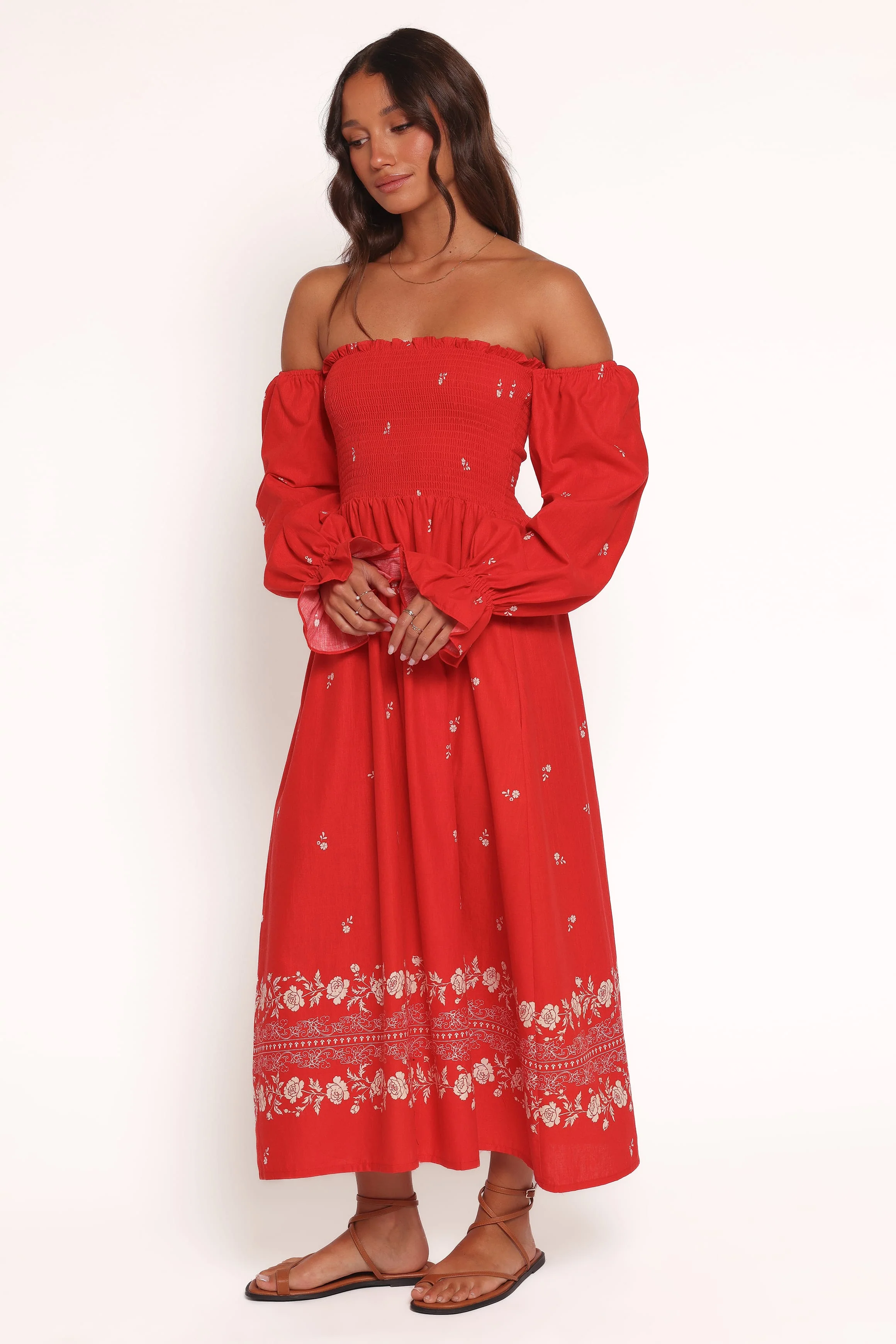 Domenica Shirred Long Sleeve Midi Dress - Red Floral Bandana - Image 4