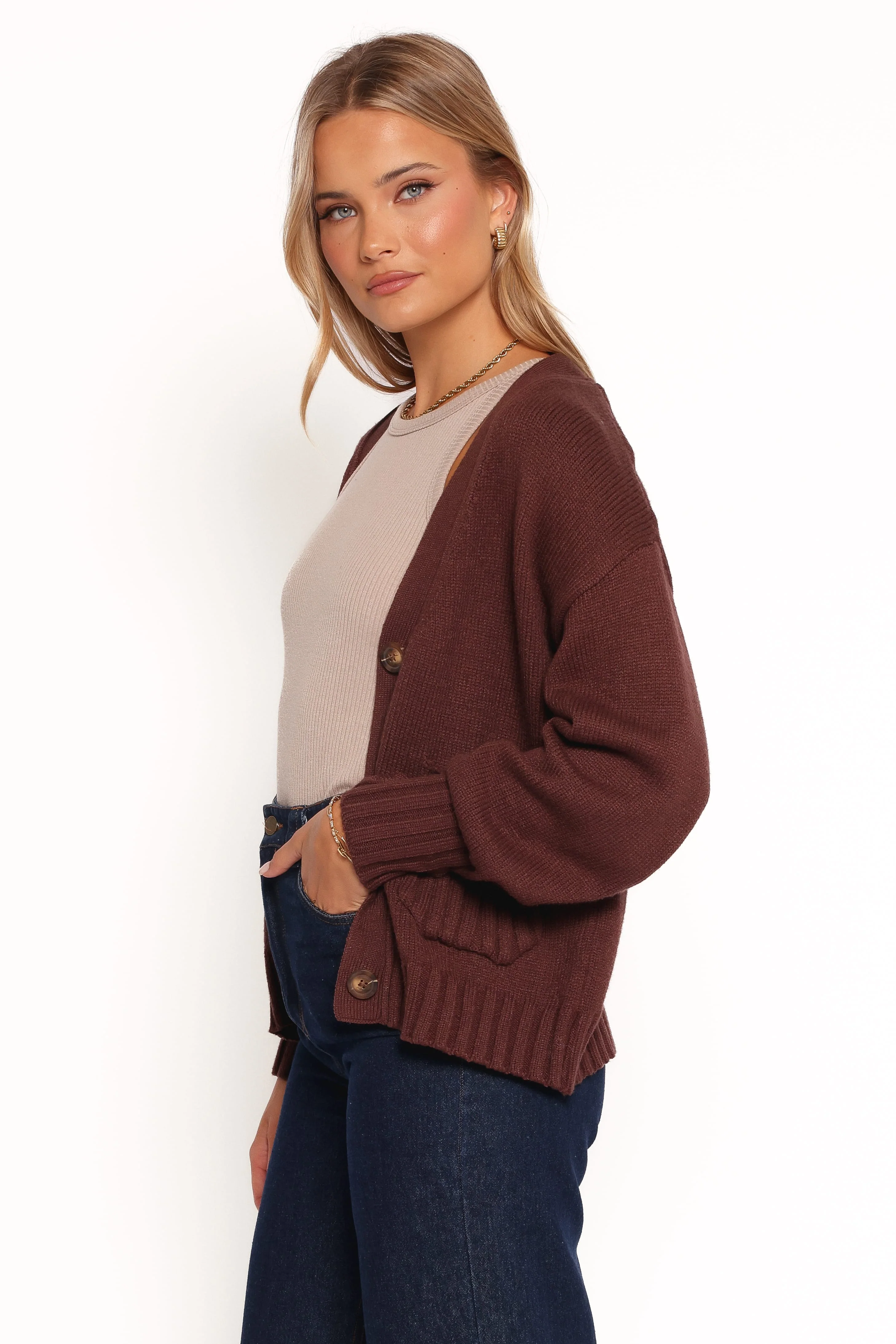 Eden Button Front Cardigan - Brown - Image 3