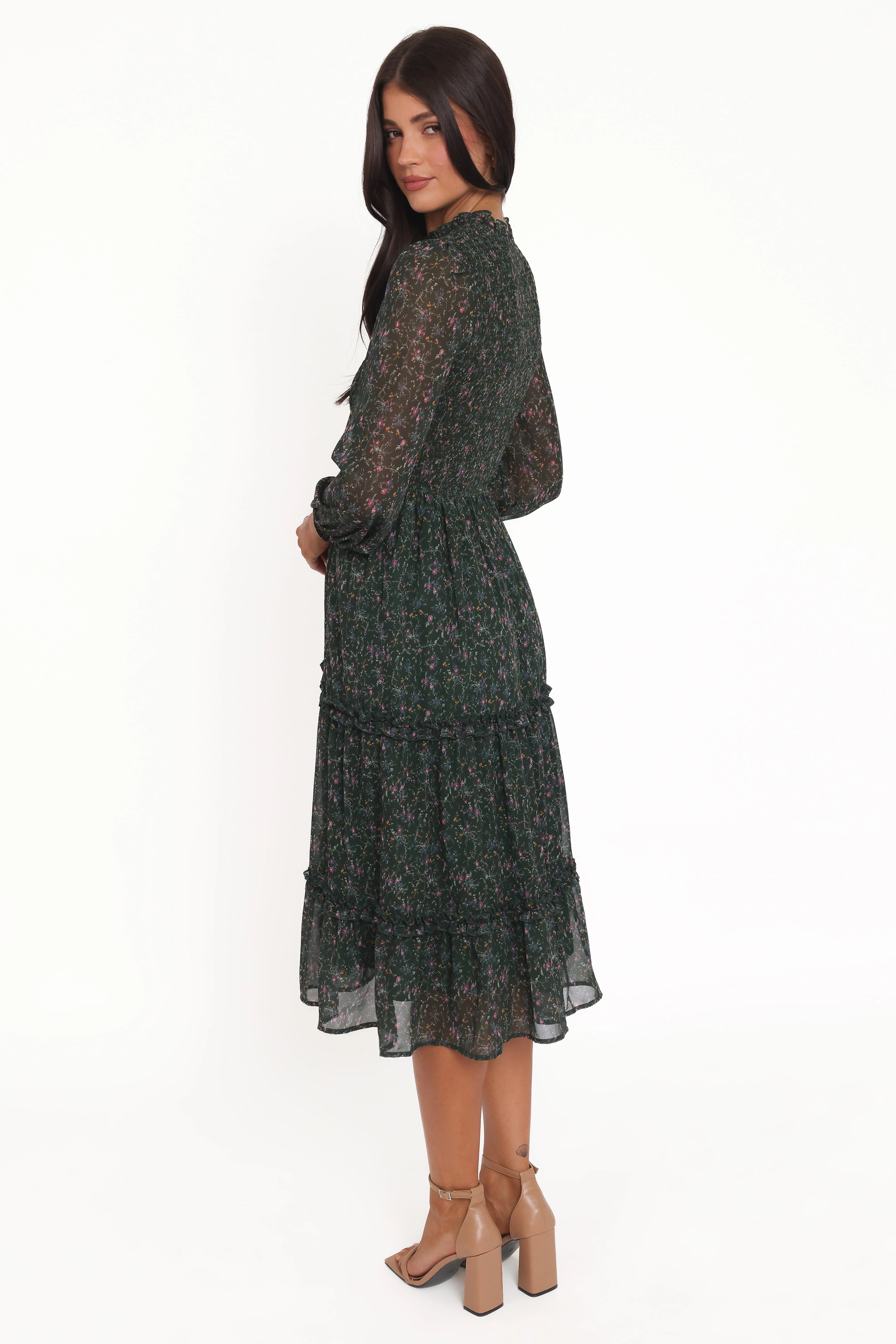 Edwina Shirred Frill Long Sleeve Midi Dress - Olive Floral - Image 4
