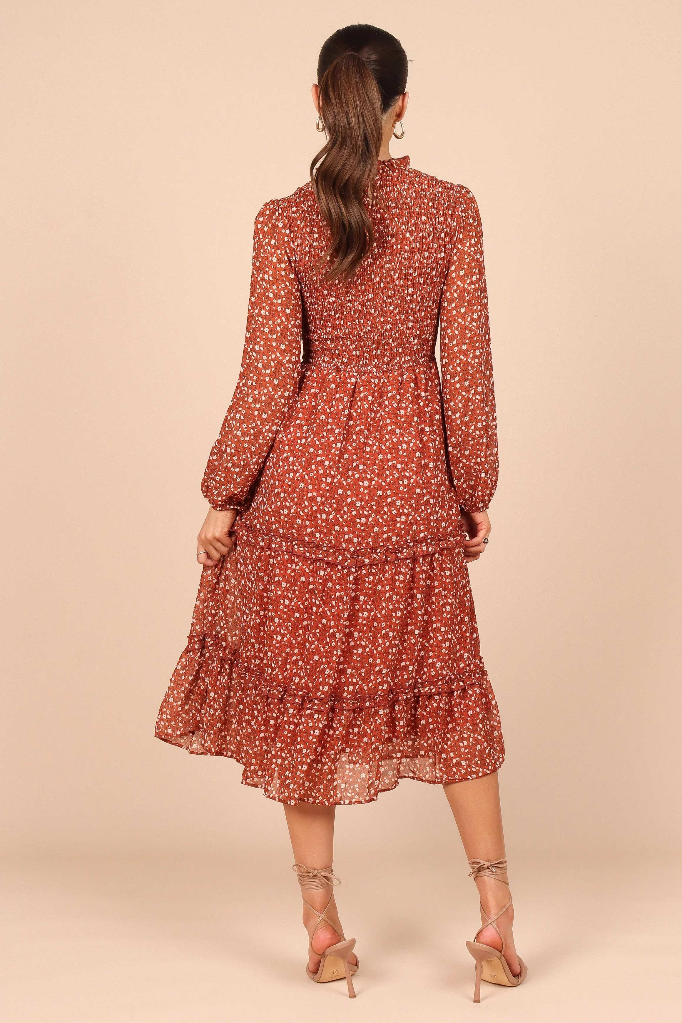 Edwina Shirred Frill Long Sleeve Midi Dress - Rust Floral - Image 2