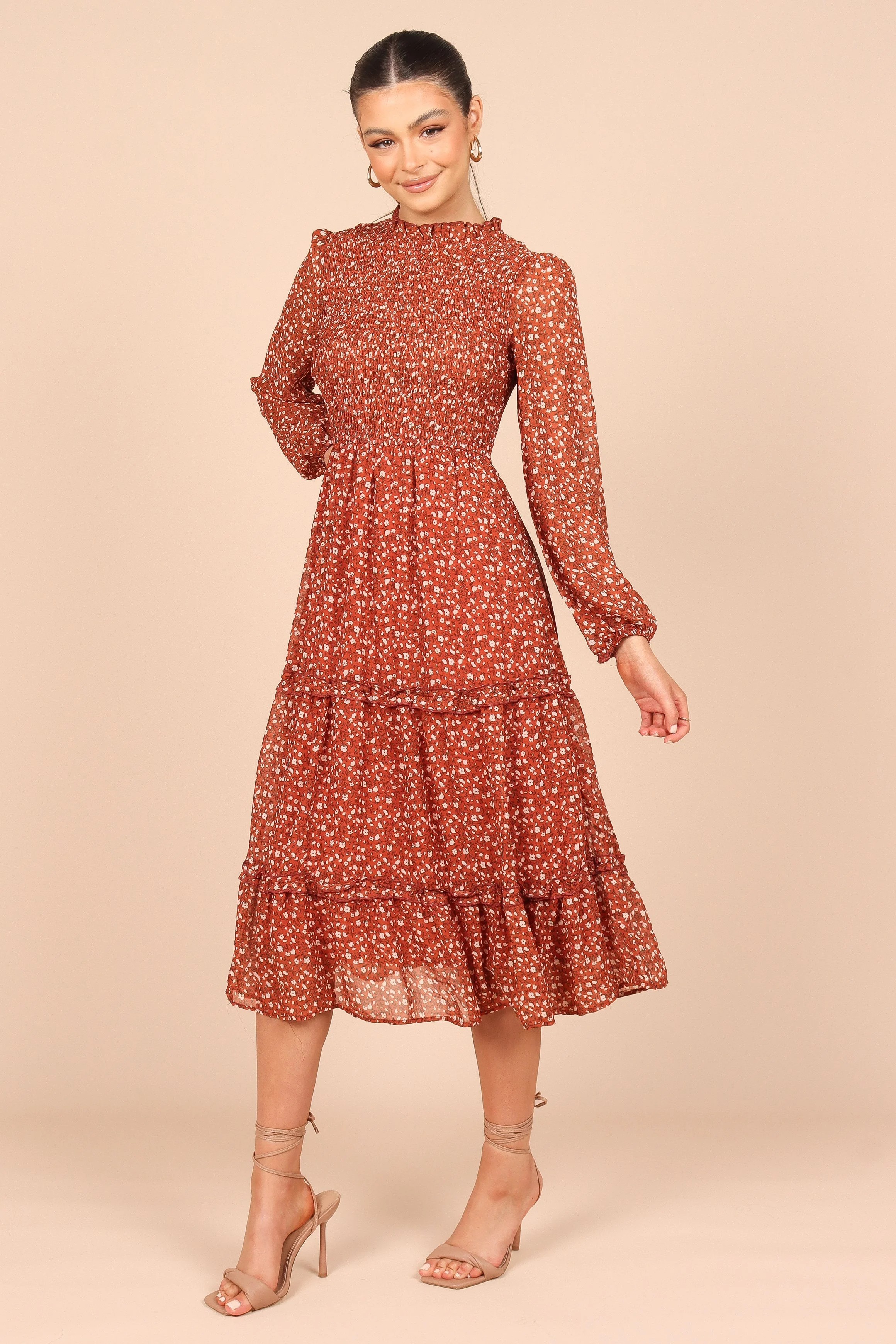 Edwina Shirred Frill Long Sleeve Midi Dress - Rust Floral - Image 3