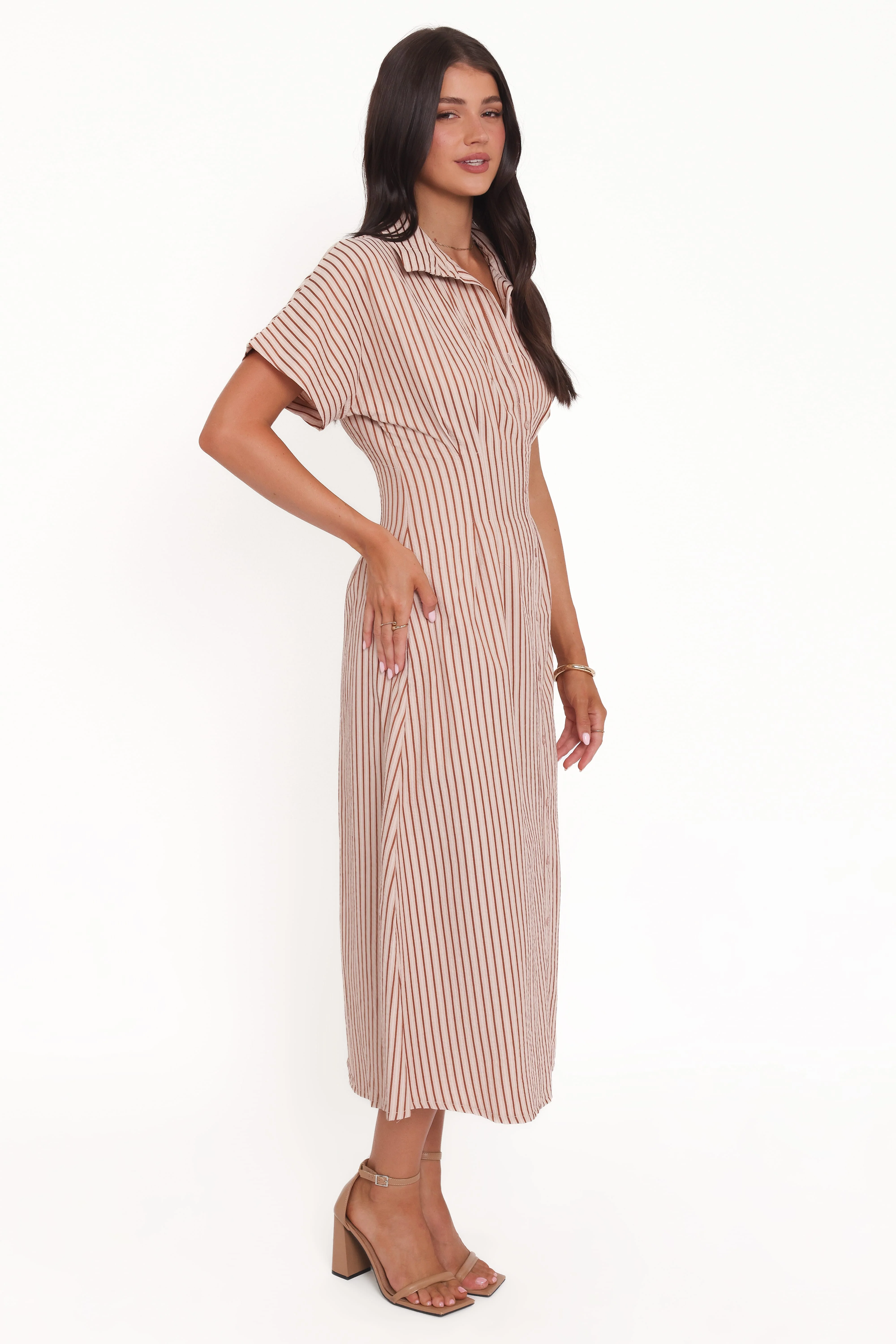 Eilis Short Sleeve Button Down Maxi Dress - Brown Stripe - Image 3