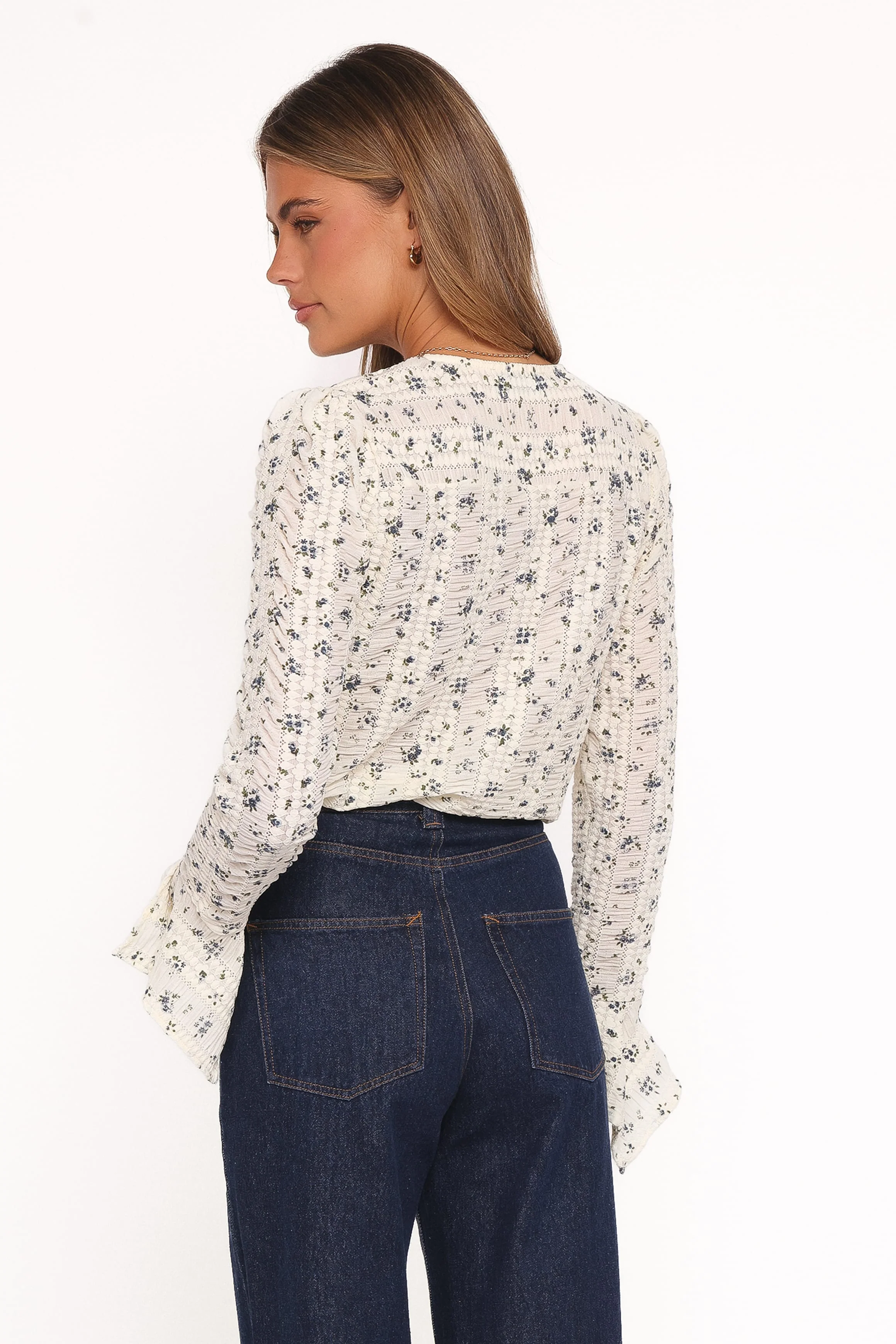Eira Textured Ruffle Top - Cream Blue Floral - Image 4