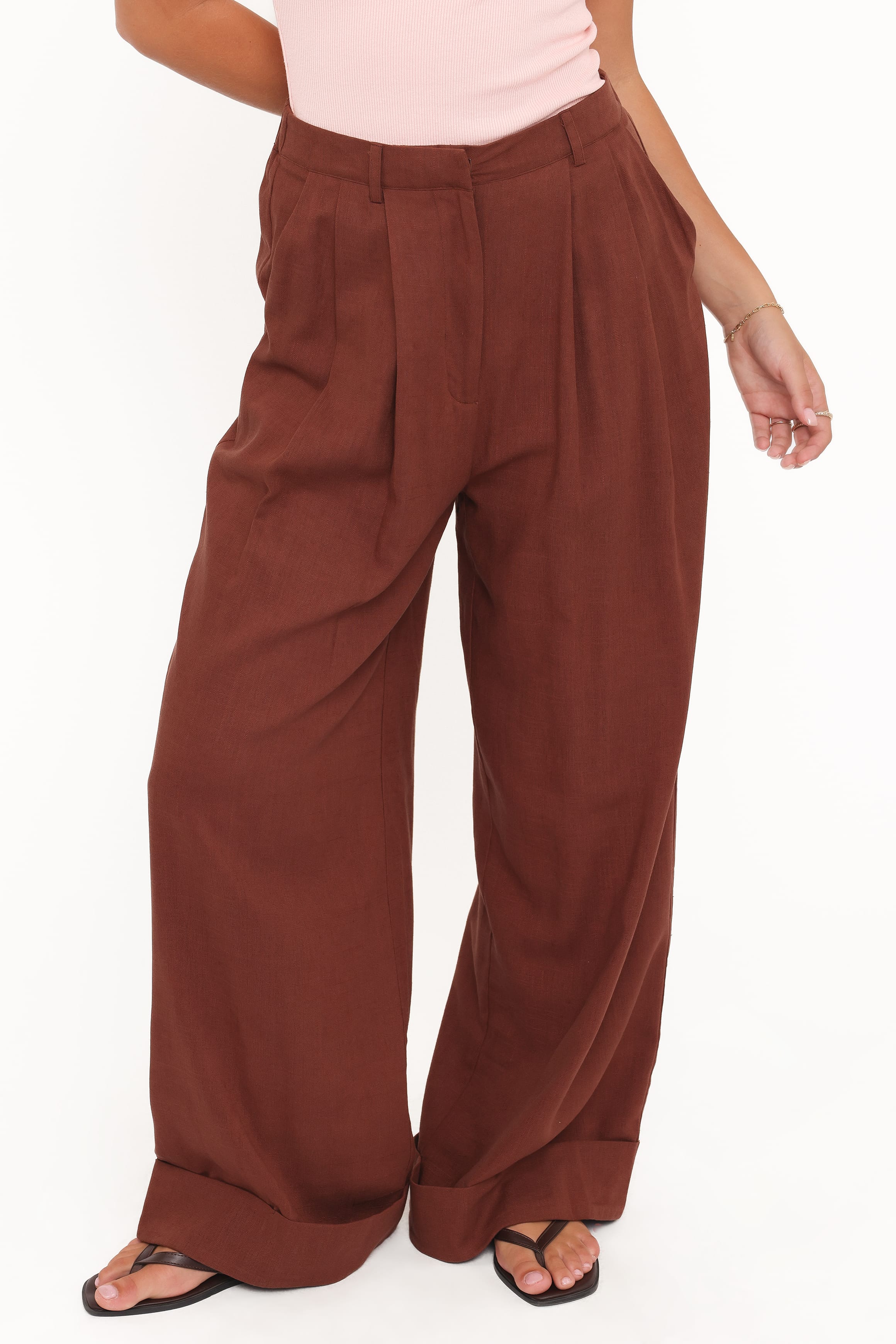 Elinor Cuffed Linen Pant - Brown - Image 3