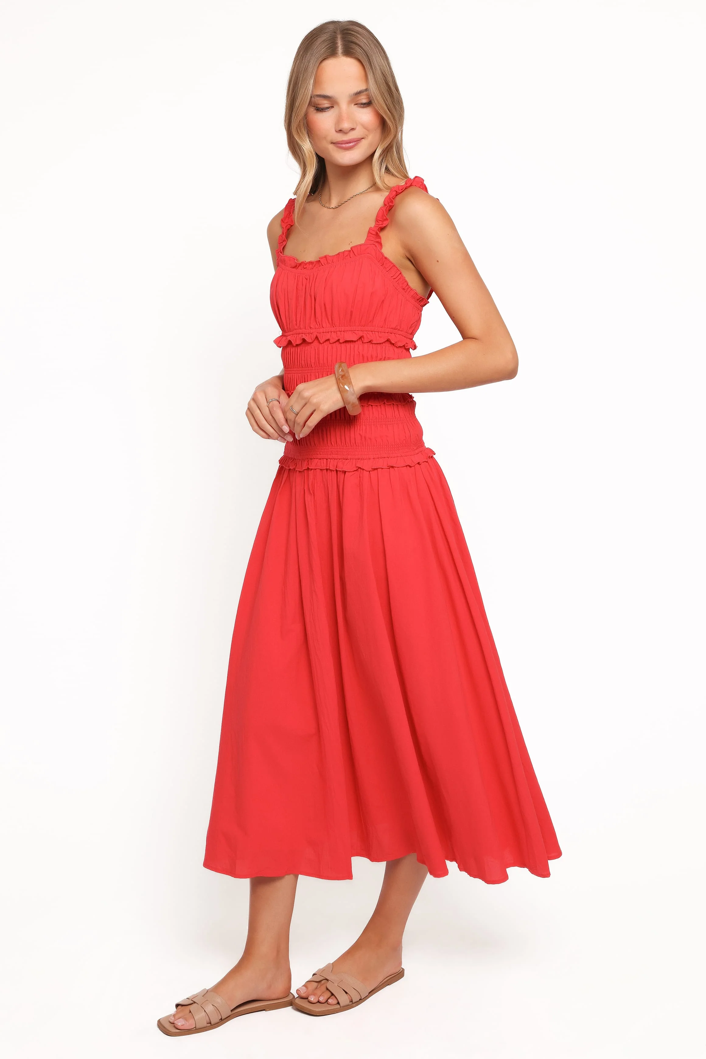 Enola Gather Midi Dress - Red - Image 4