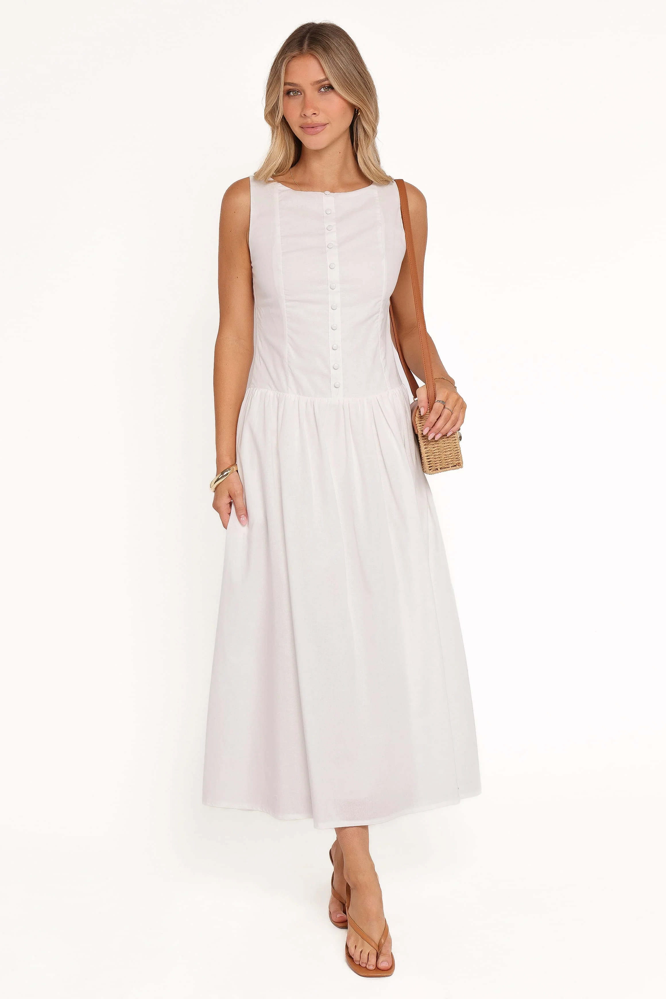Evie Button Front Maxi Dress - White - Image 2