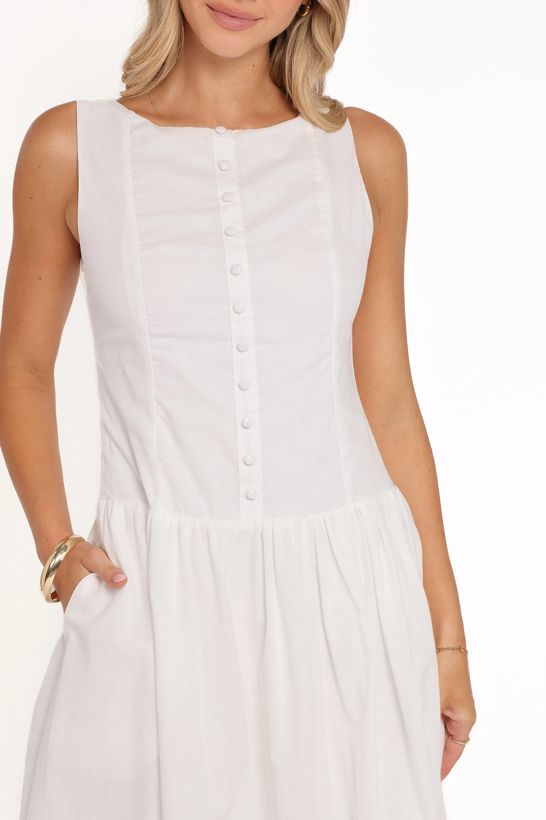 Evie Button Front Maxi Dress - White - Image 3