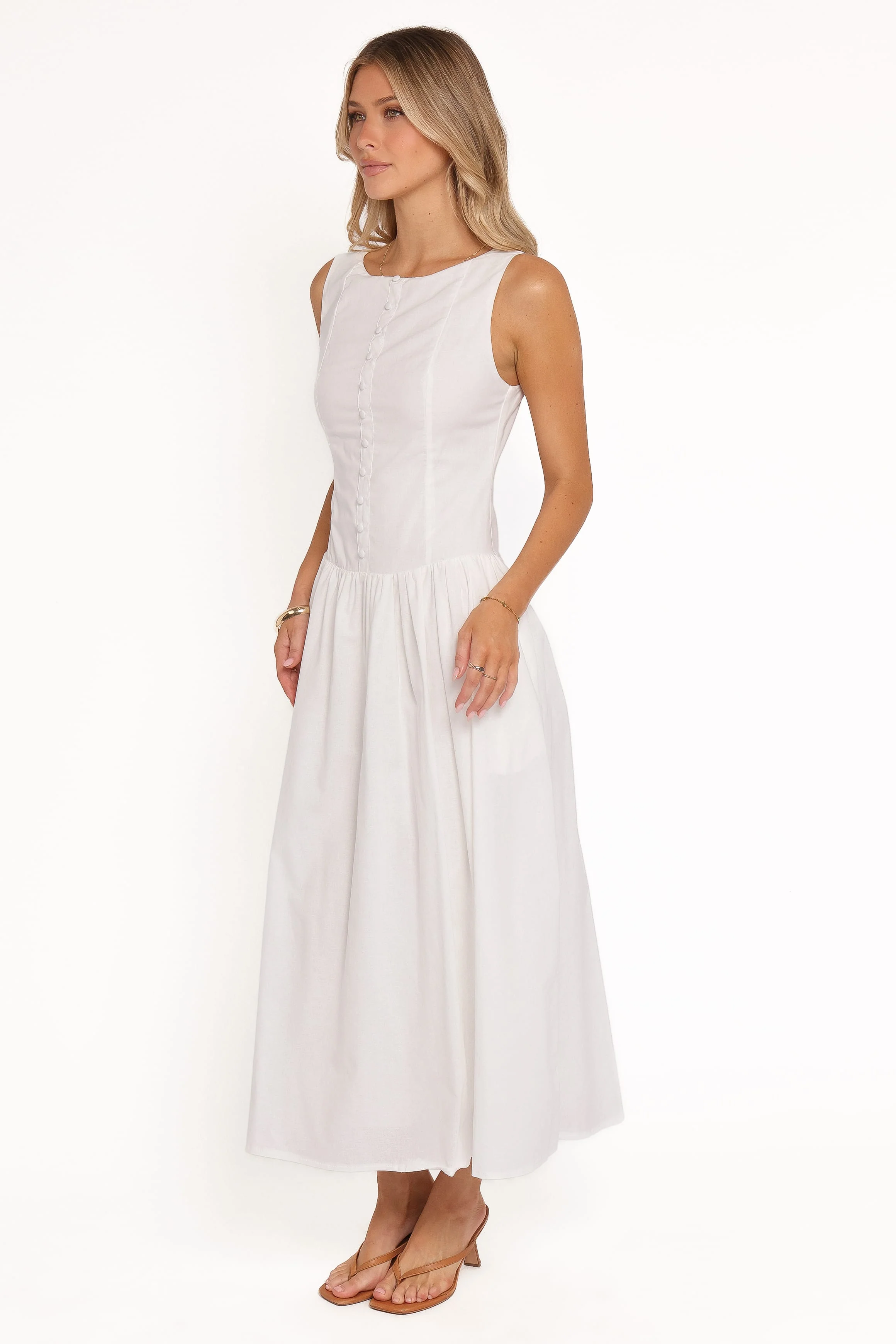 Evie Button Front Maxi Dress - White - Image 4