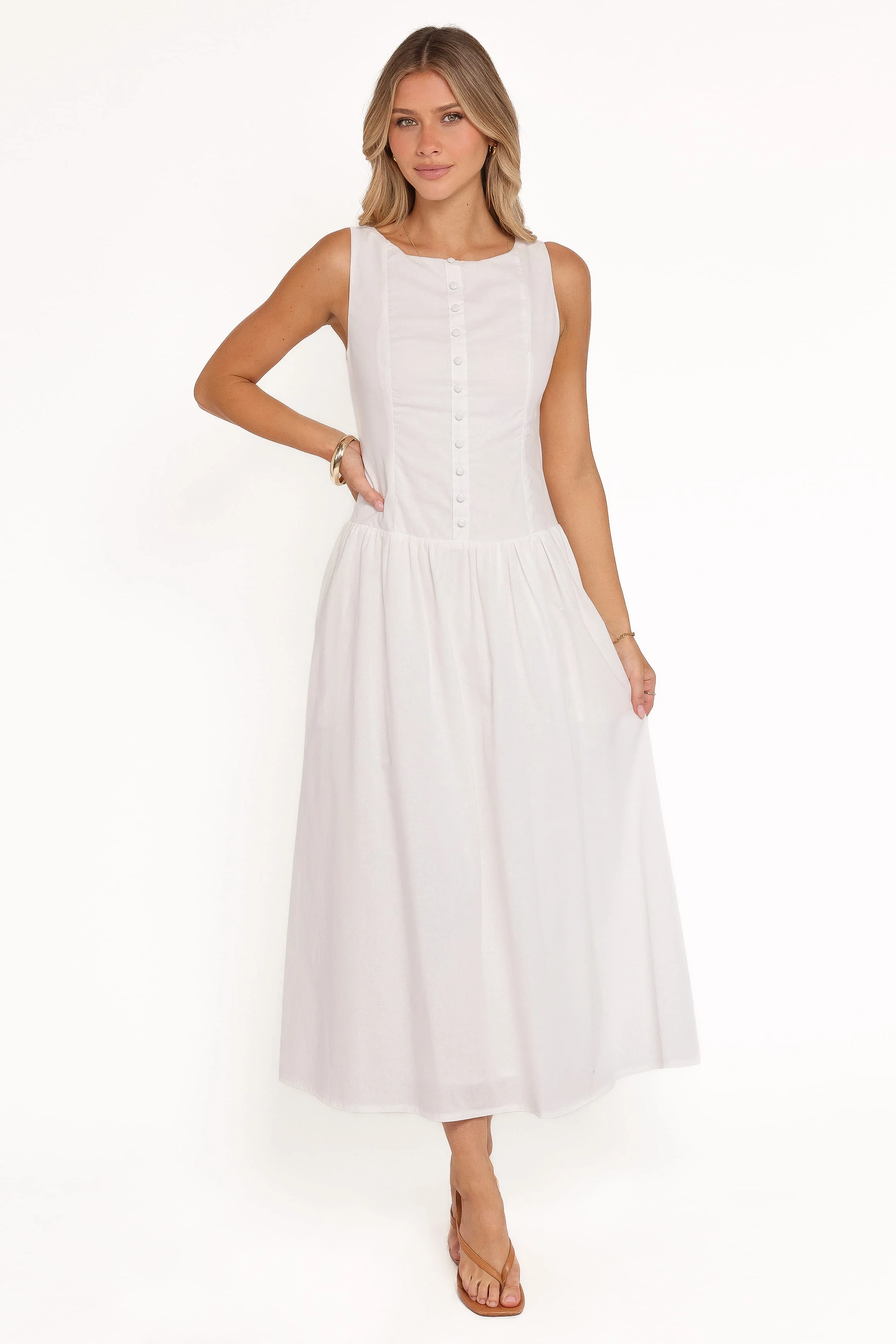 Evie Button Front Maxi Dress - White - Image 7