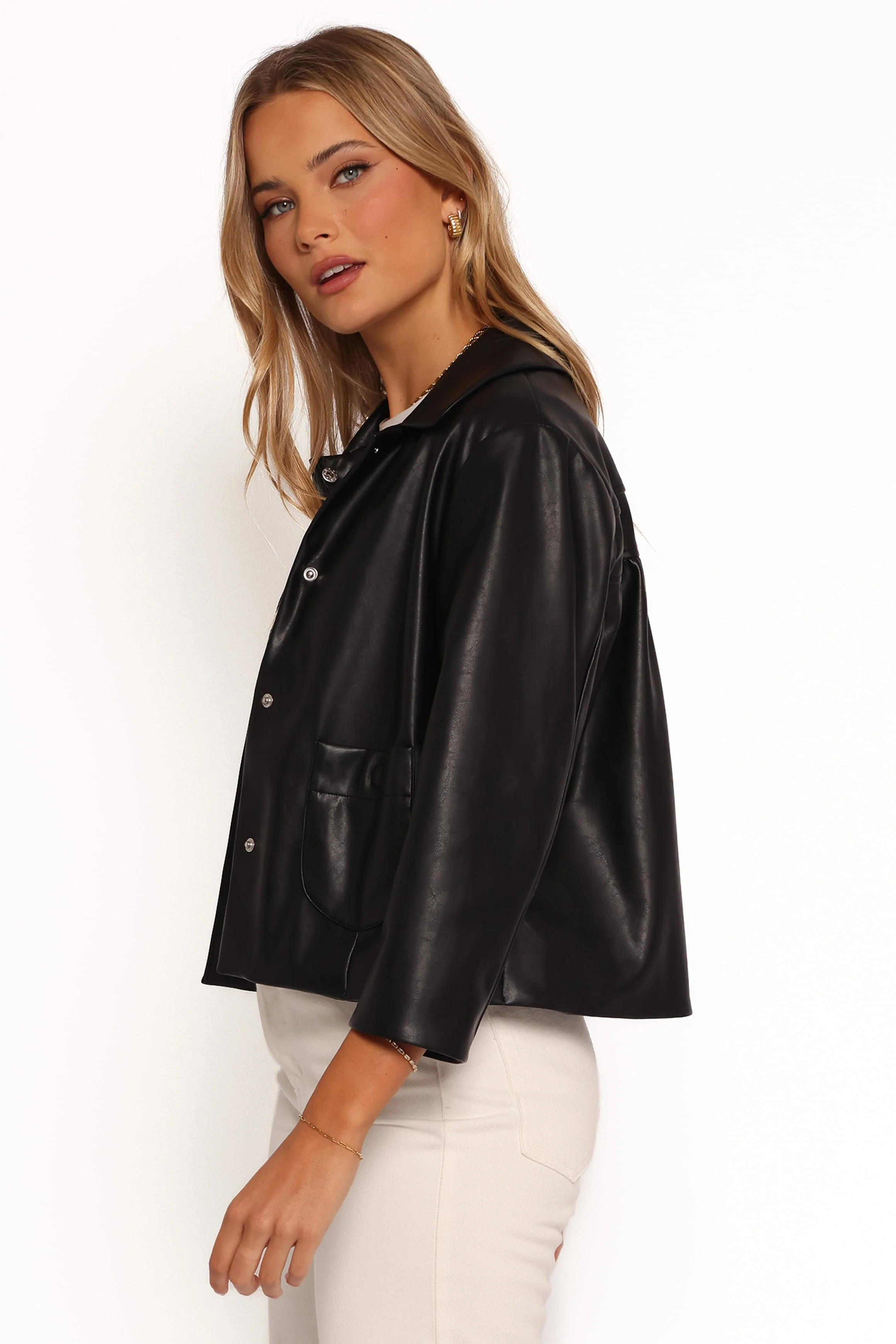 Evora Faux Leather Button Front Jacket - Black - Image 3