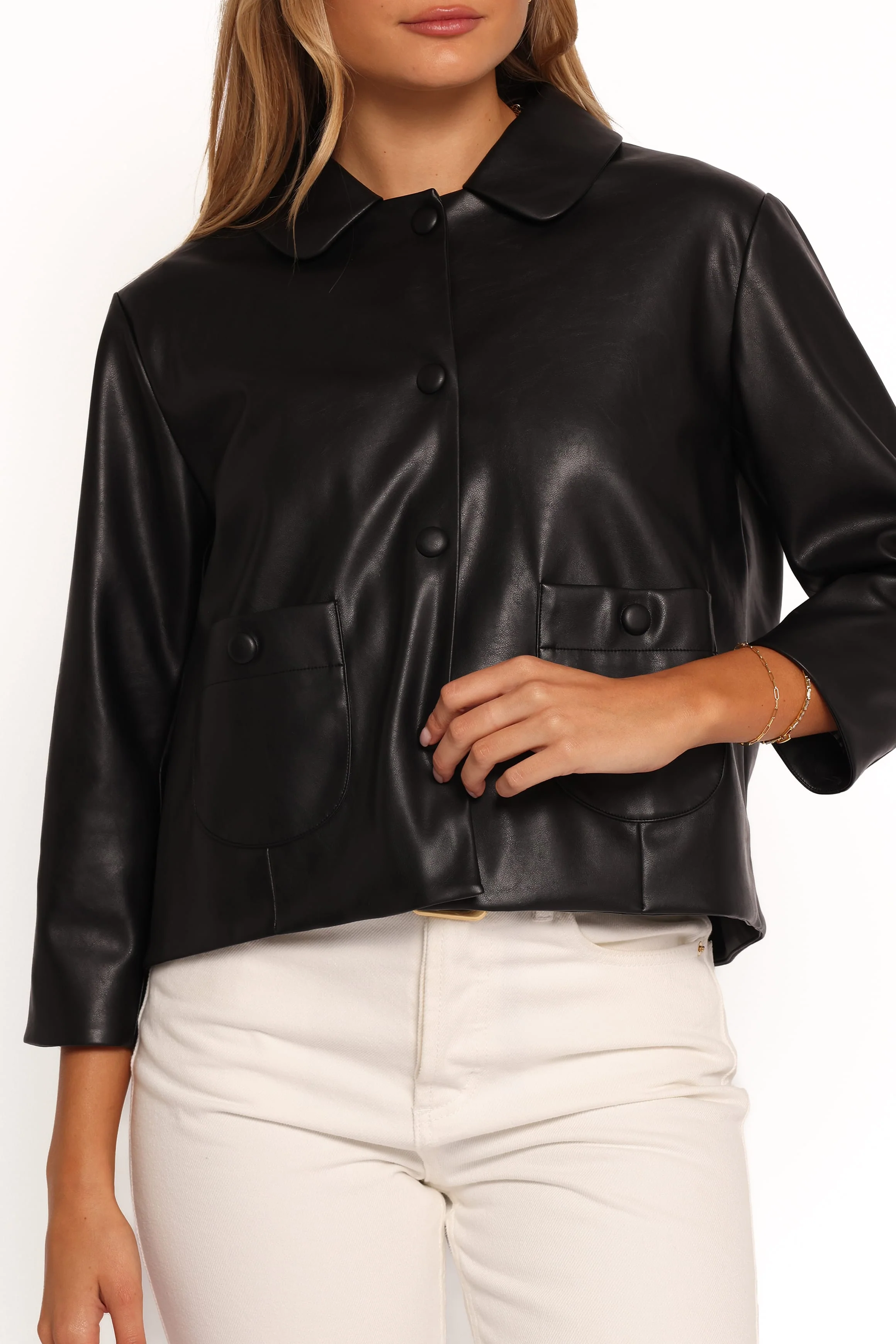 Evora Faux Leather Button Front Jacket - Black - Image 7