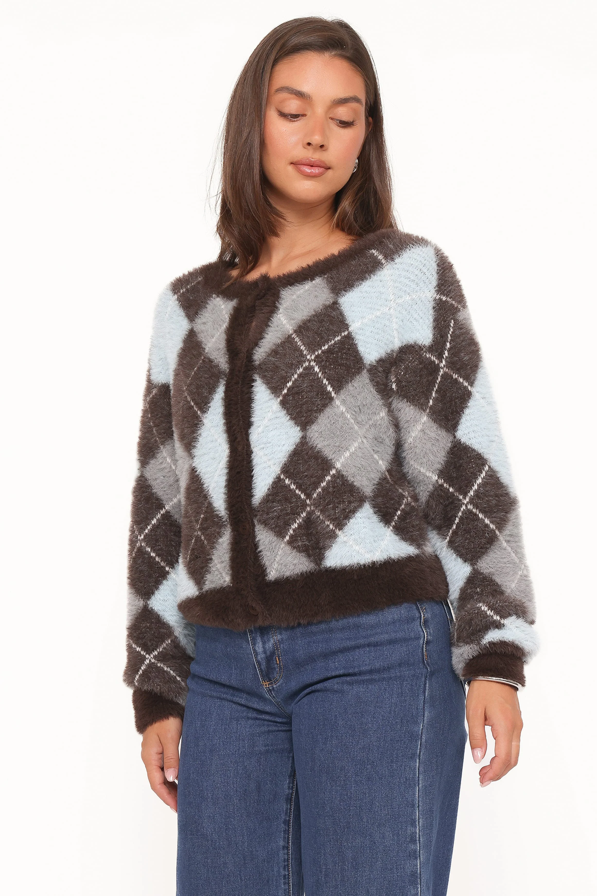 Fionna Button Front Cardigan - Blue Brown - Image 3